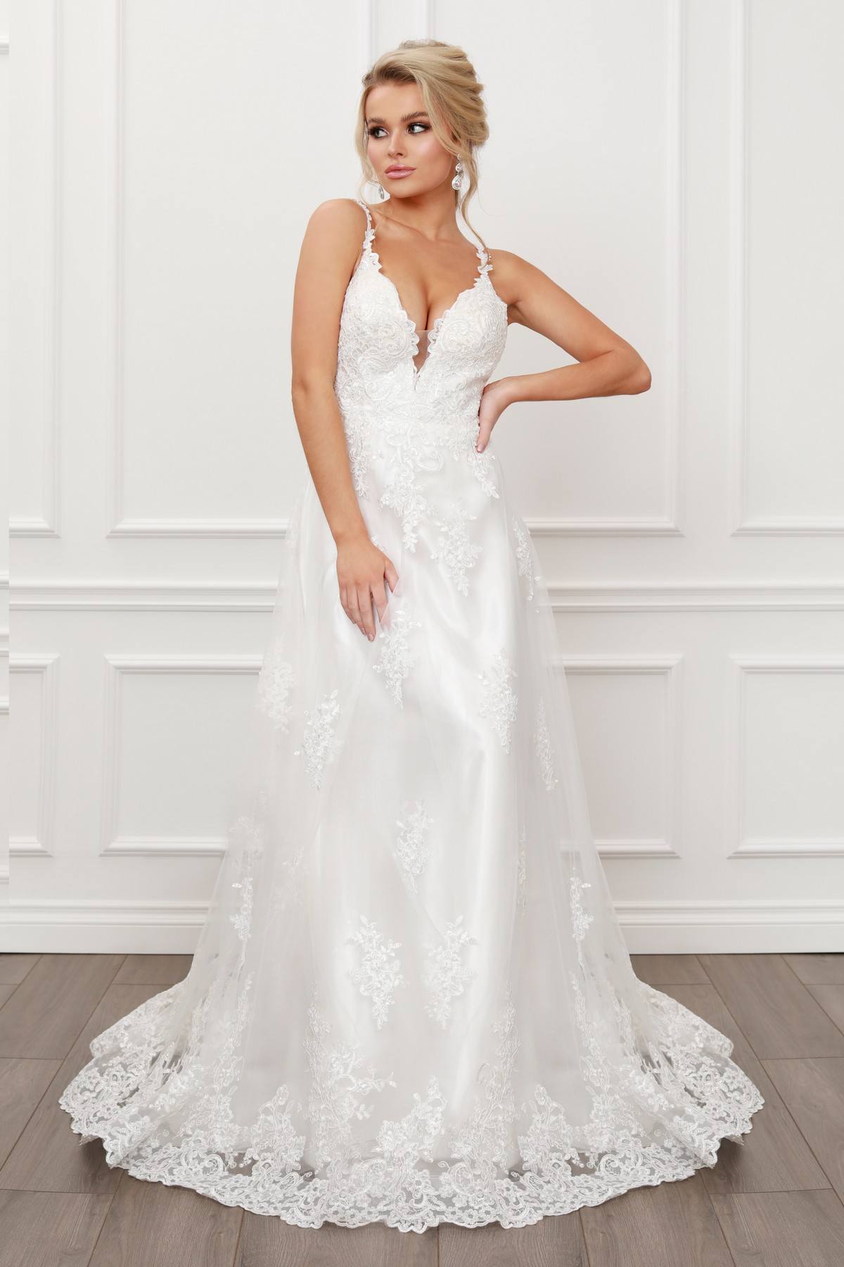 Nox Anabel C461 A-Line V-Neck Side Cutout Lace Strap Ball Gown by DiscountDressShop