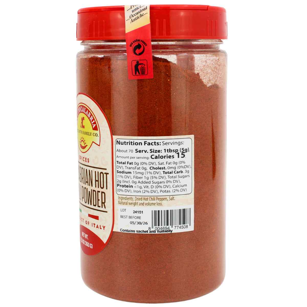 TuttoCalabria Hot Calabrian Chili Powder Shaker, 12.3 oz (350g)