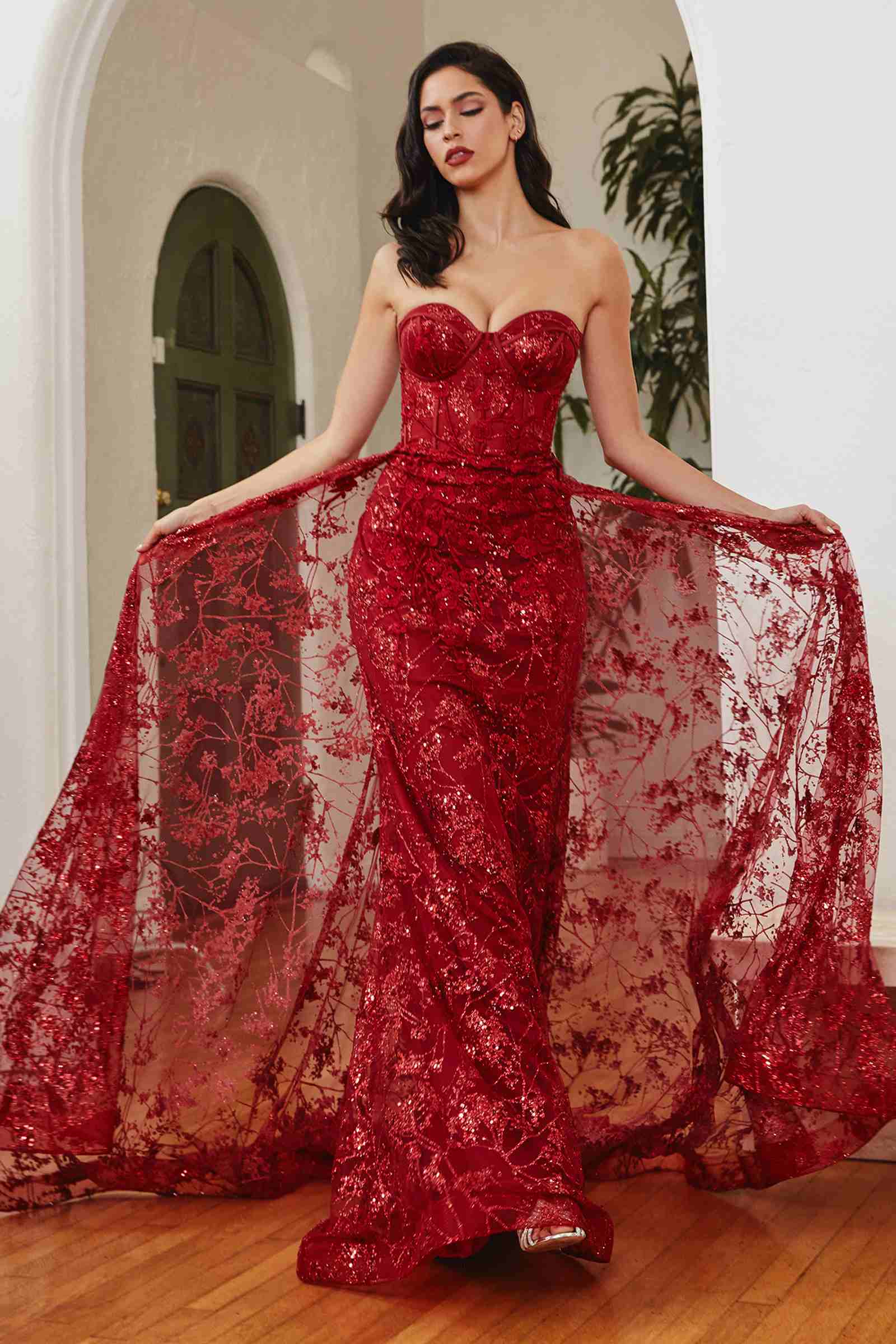 Ladivine CB046 Strapless Fitted Gown Floral Applique And Glitter Tulle Overskirt by DiscountDressShop