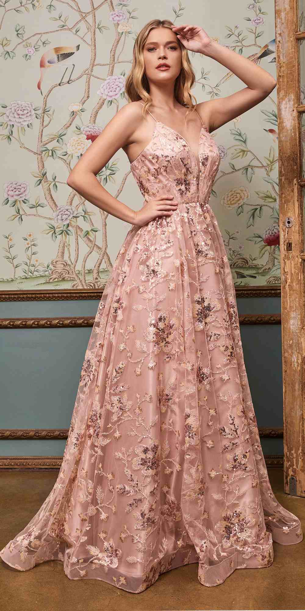 Cinderella Divine CB073 Floor Length Luminescent Floral Sequin Print Ball Gown by DiscountDressShop