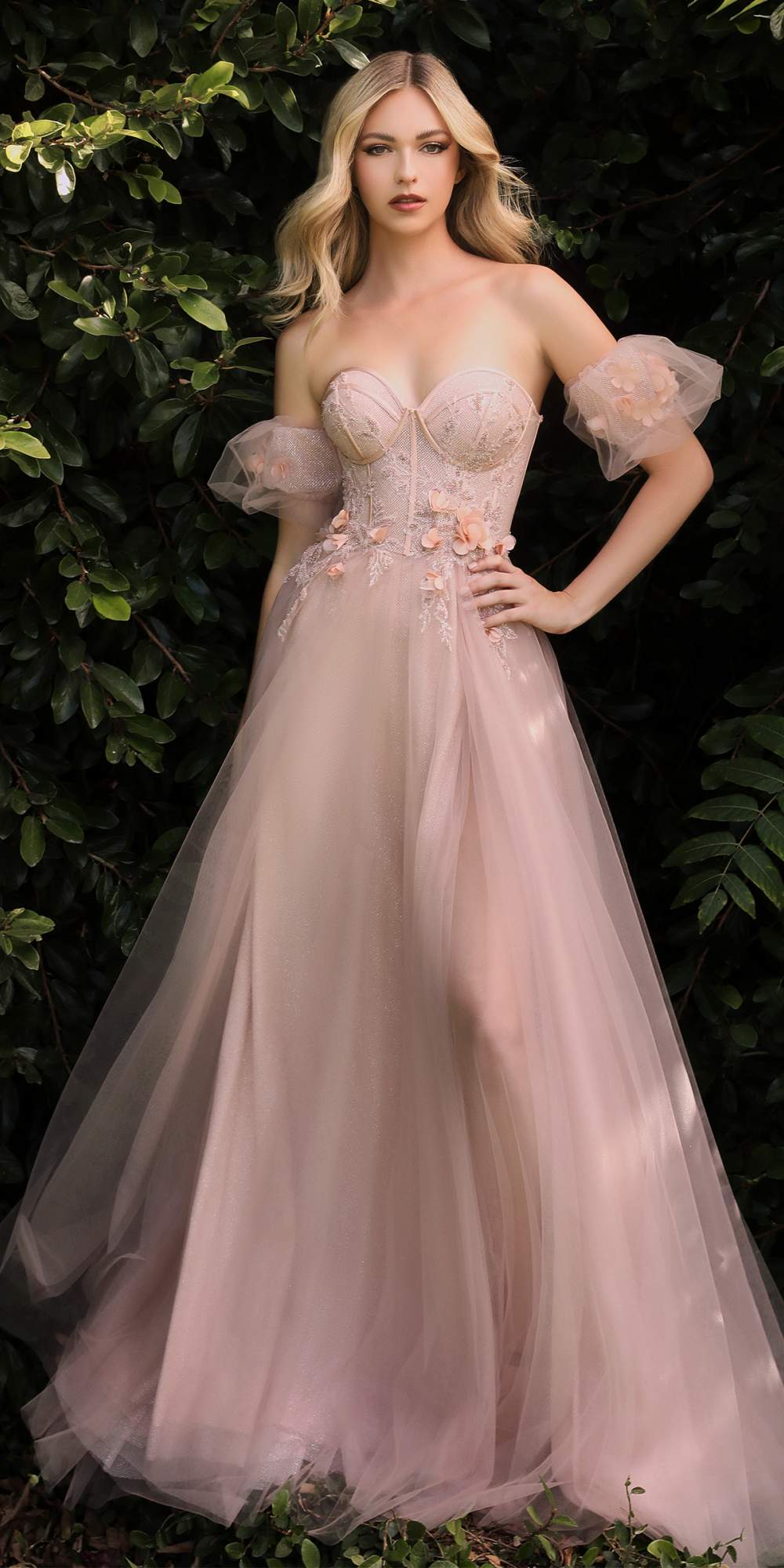 Cinderella Divine CB080 Long Strapless Tulle Floral Ball Gown by DiscountDressShop