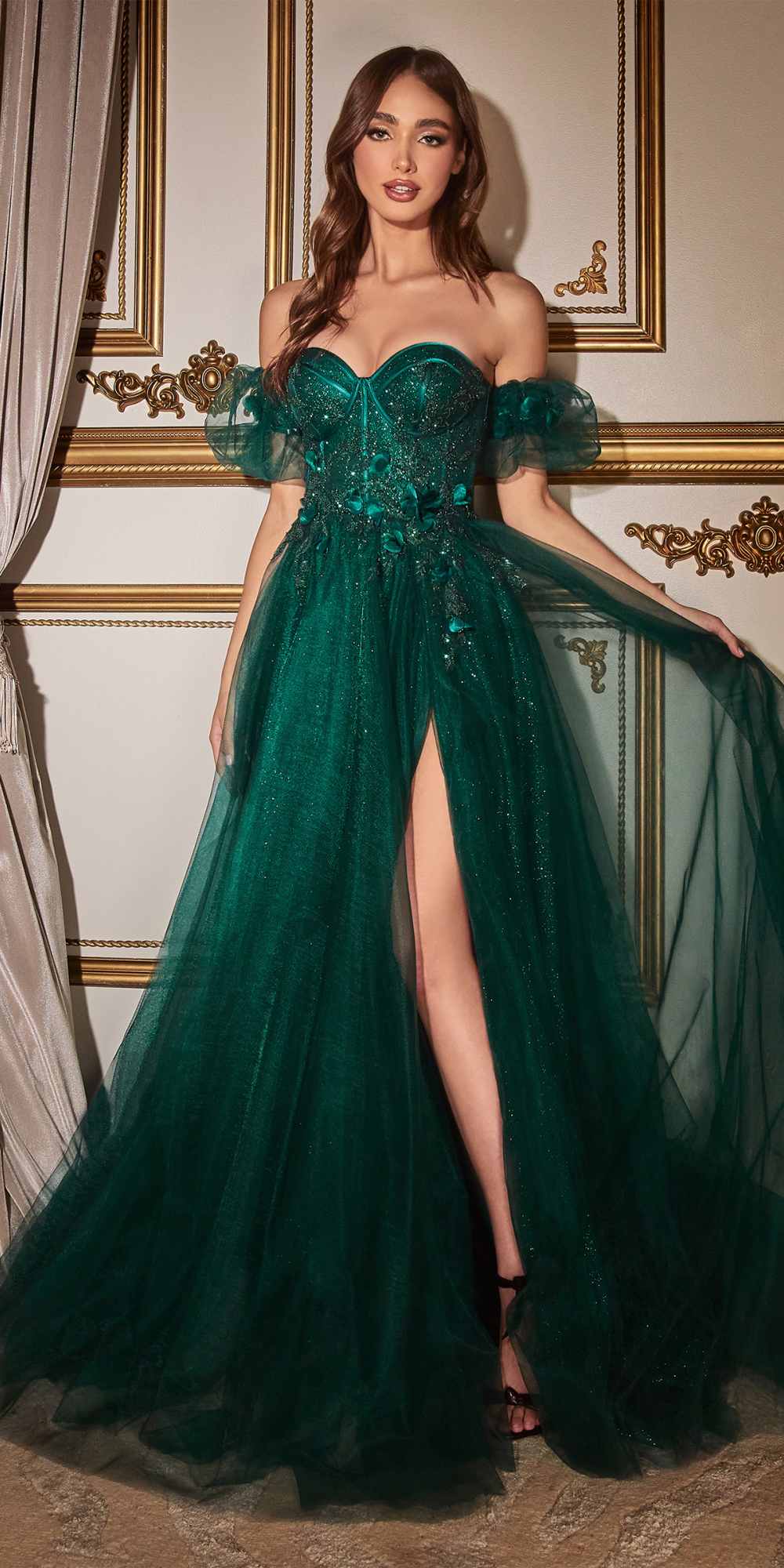 Cinderella Divine CB080 Long Strapless Tulle Floral Ball Gown by DiscountDressShop