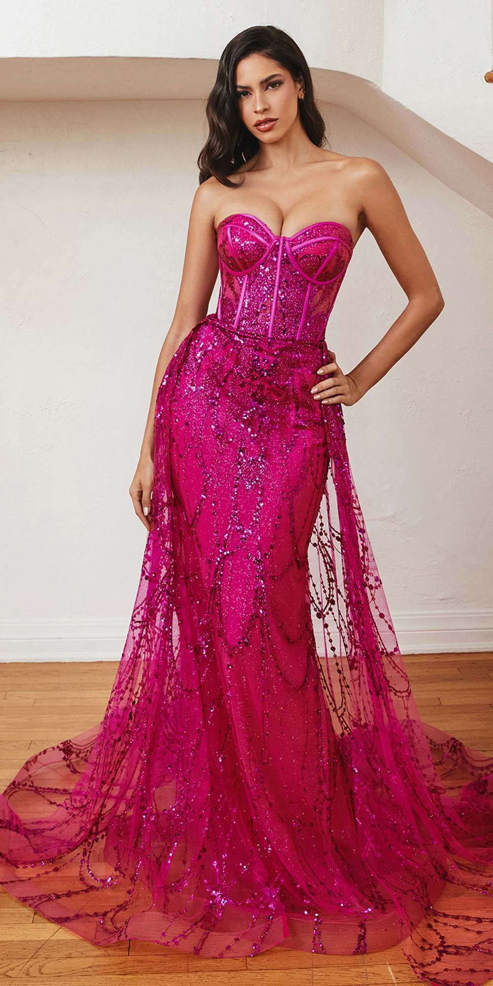 Cinderella Divine CB095 Strapless Lace Fitted Gown with Over Skirt by DiscountDressShop