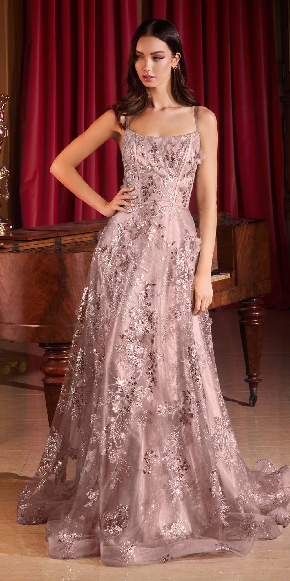 Ladivine CB144 Long Sequin Floral Printed A-Line Dress by DiscountDressShop