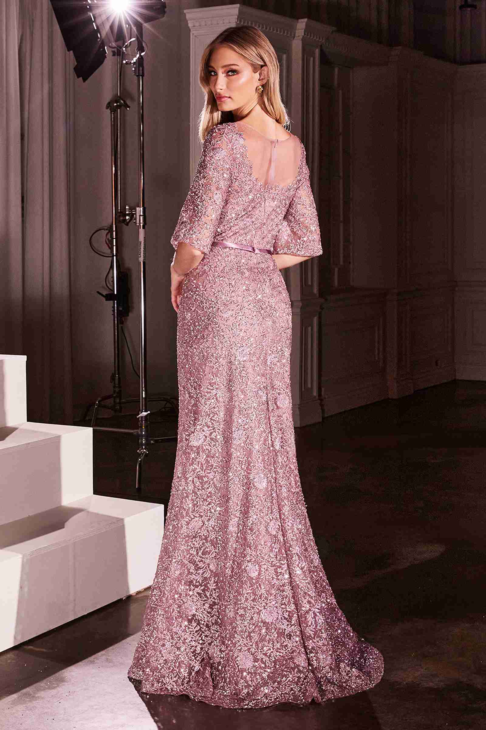 Ladivine CB149 Dress Lace Embellished Bell Sleeve Sheath Gown by DiscountDressShop