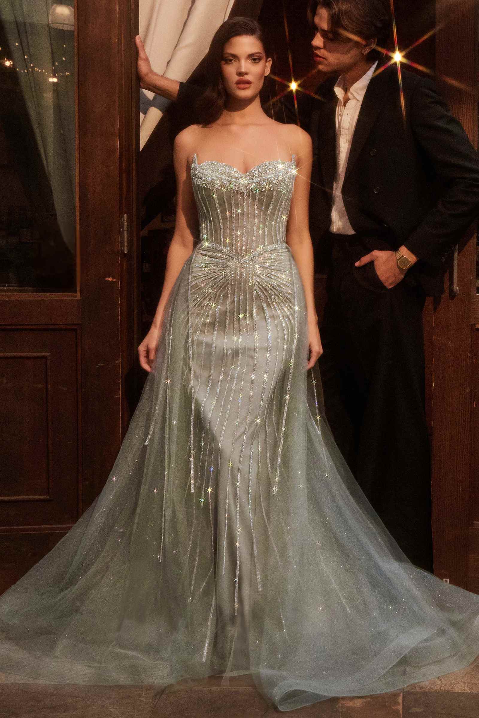 Ladivine CB158 Strapless Crystal Embellished Gown With Overskirt by DiscountDressShop