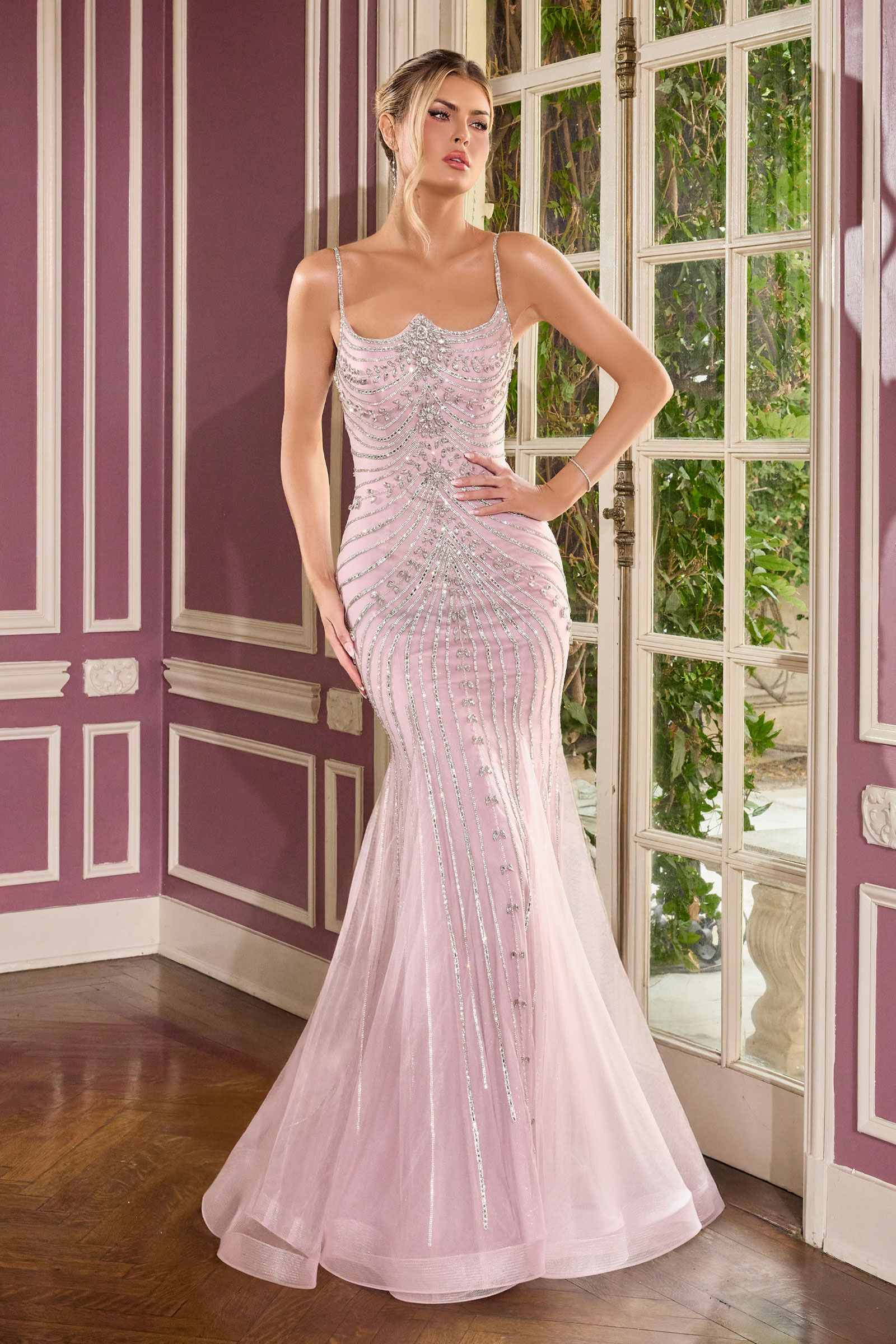 Ladivine CB167 Fitted Radiant Beadwork Scoop Neckline Dress Oversized Bow Train by DiscountDressShop