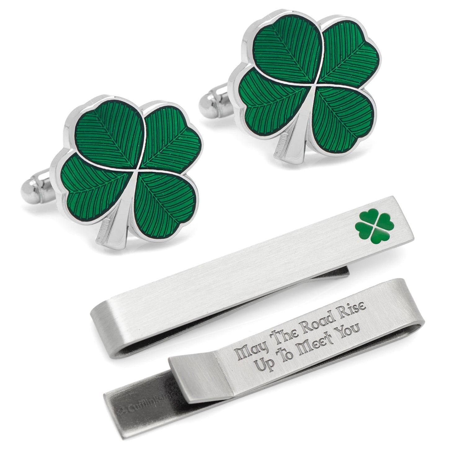 Green Clover Cufflinks and Tie Bar Gift Set by Cufflinks.com