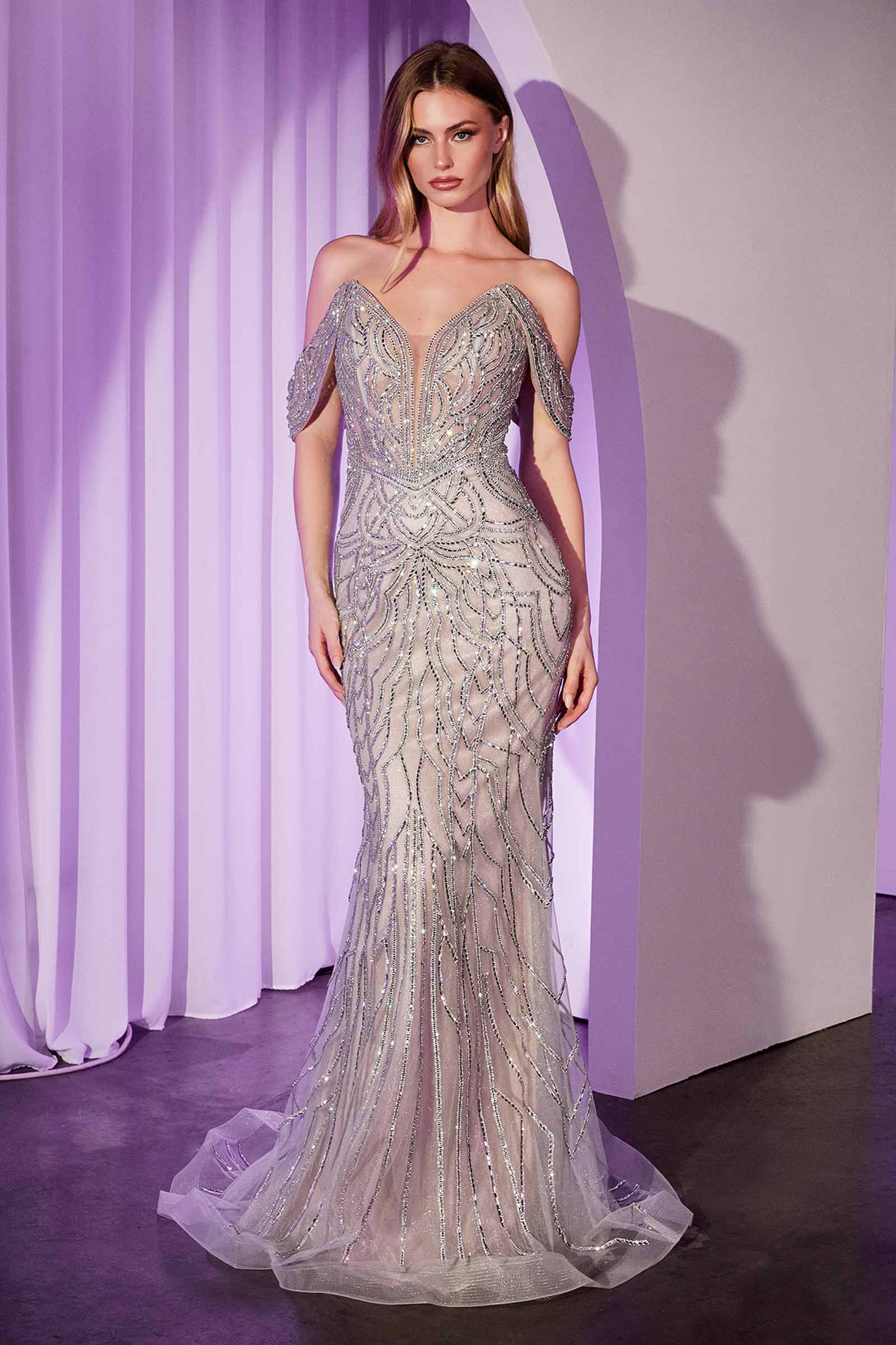 Ladivine CC0689 Dress Off The Shoulder Crystal Embellished Gown by DiscountDressShop