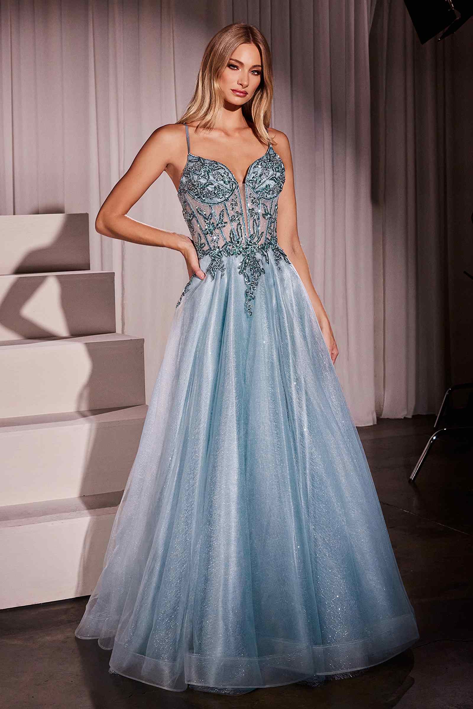 Ladivine CC0881 Dress A-Line Layered Tulle Gown & Lace Embellished Bodice by DiscountDressShop