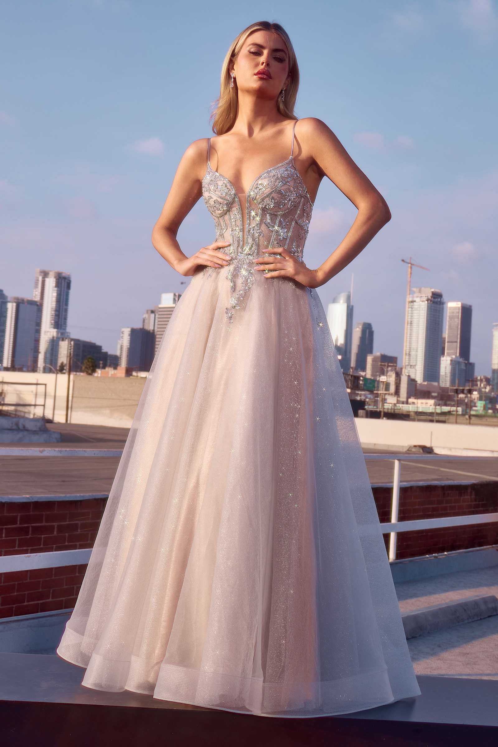 Ladivine CC0881 Dress A-Line Layered Tulle Gown & Lace Embellished Bodice by DiscountDressShop