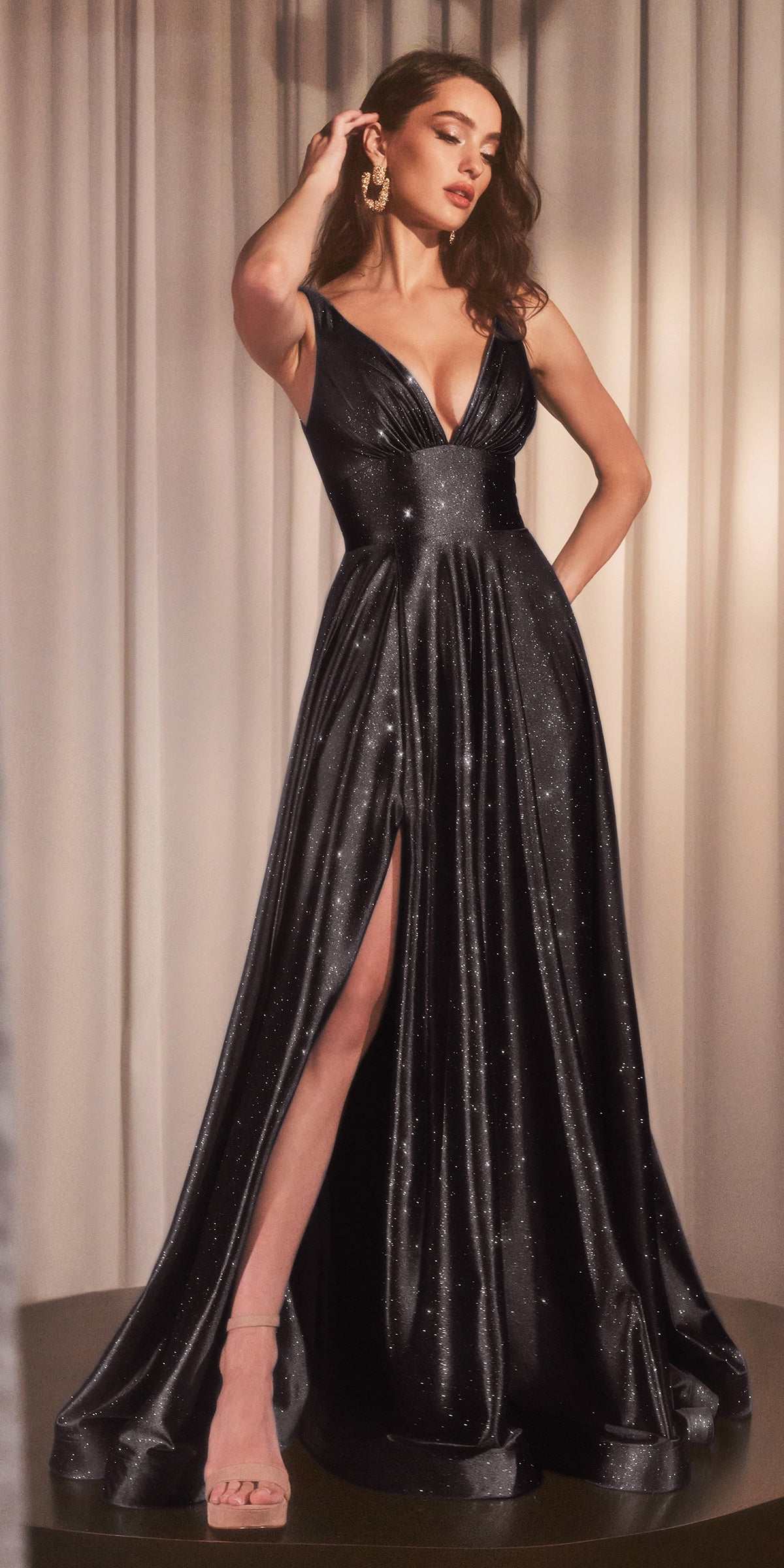 Ladivine CC2349 Long Glitter Stretch Satin A-Line Evening Gown by DiscountDressShop