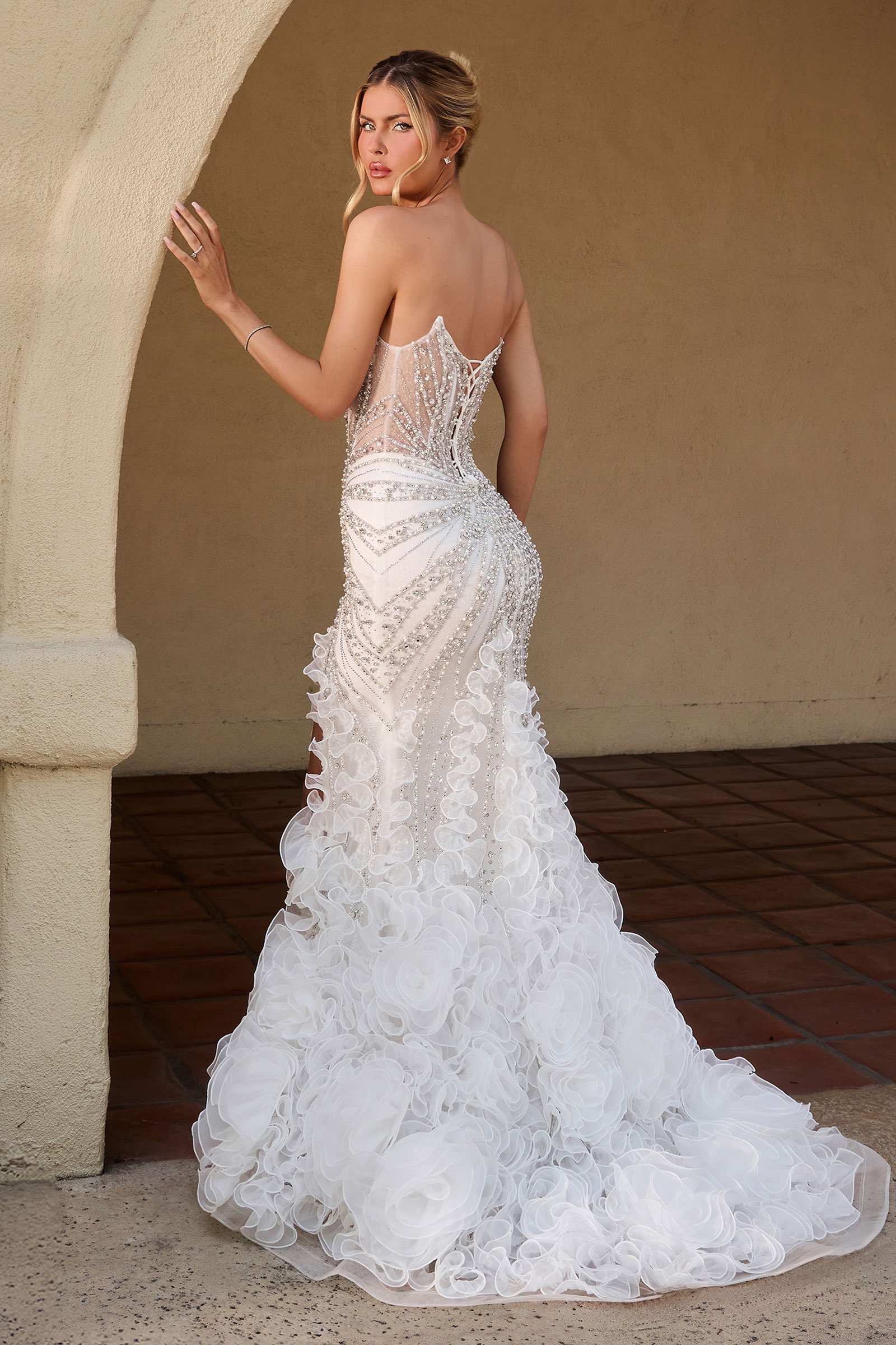 Ladivine CC2488W Plunging Neckline Fitted Mermaid Off White Gown DestGlow