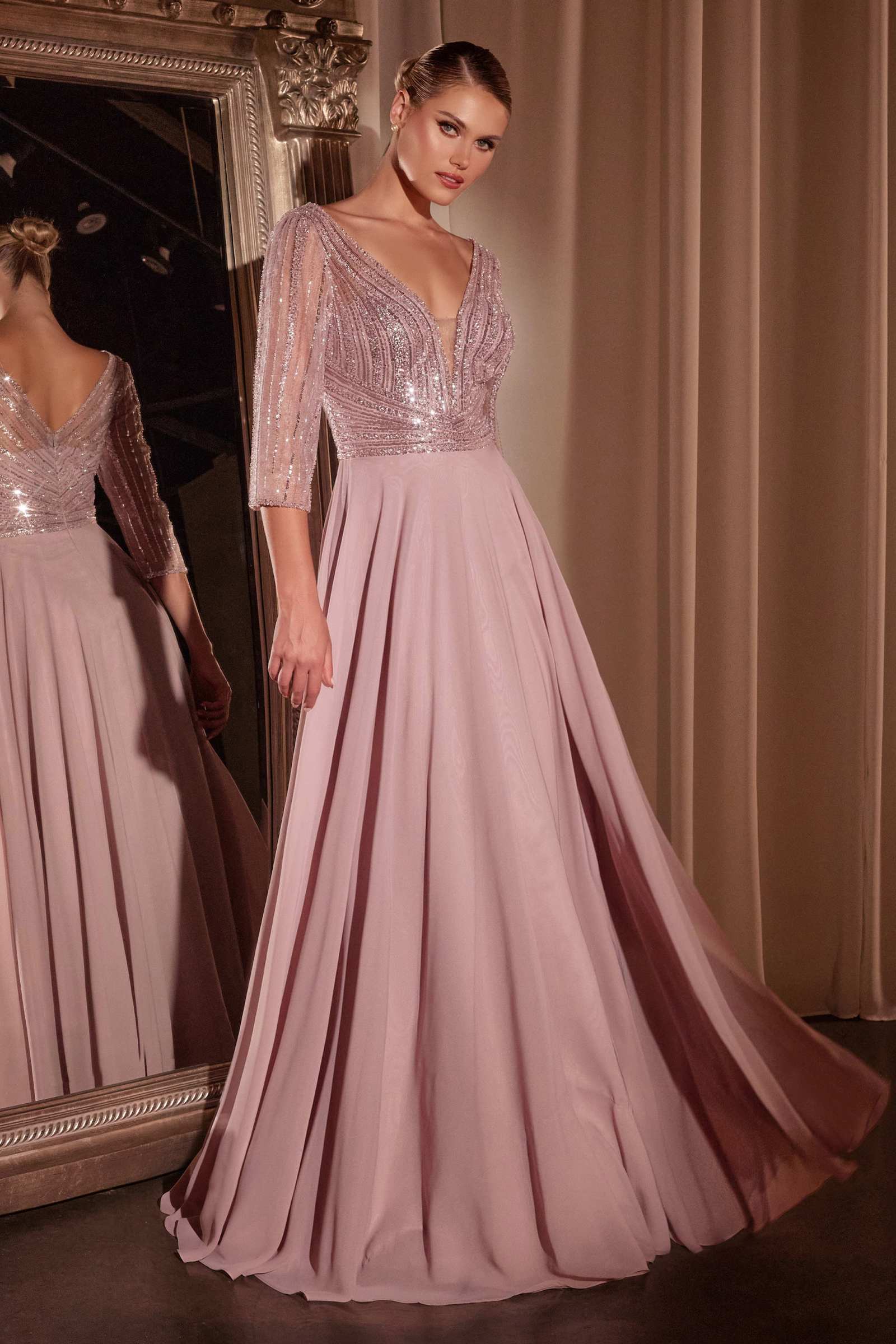 Ladivine CC446 Three Quarter Sleeve Beaded Chiffon Dress by DiscountDressShop