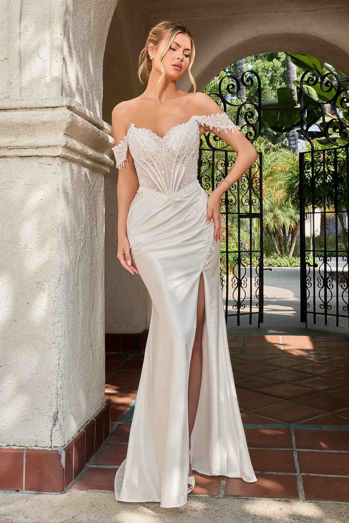 Ladivine CC456W Glitter Satin Strech Fitted Off White Evening Gown DestGlow