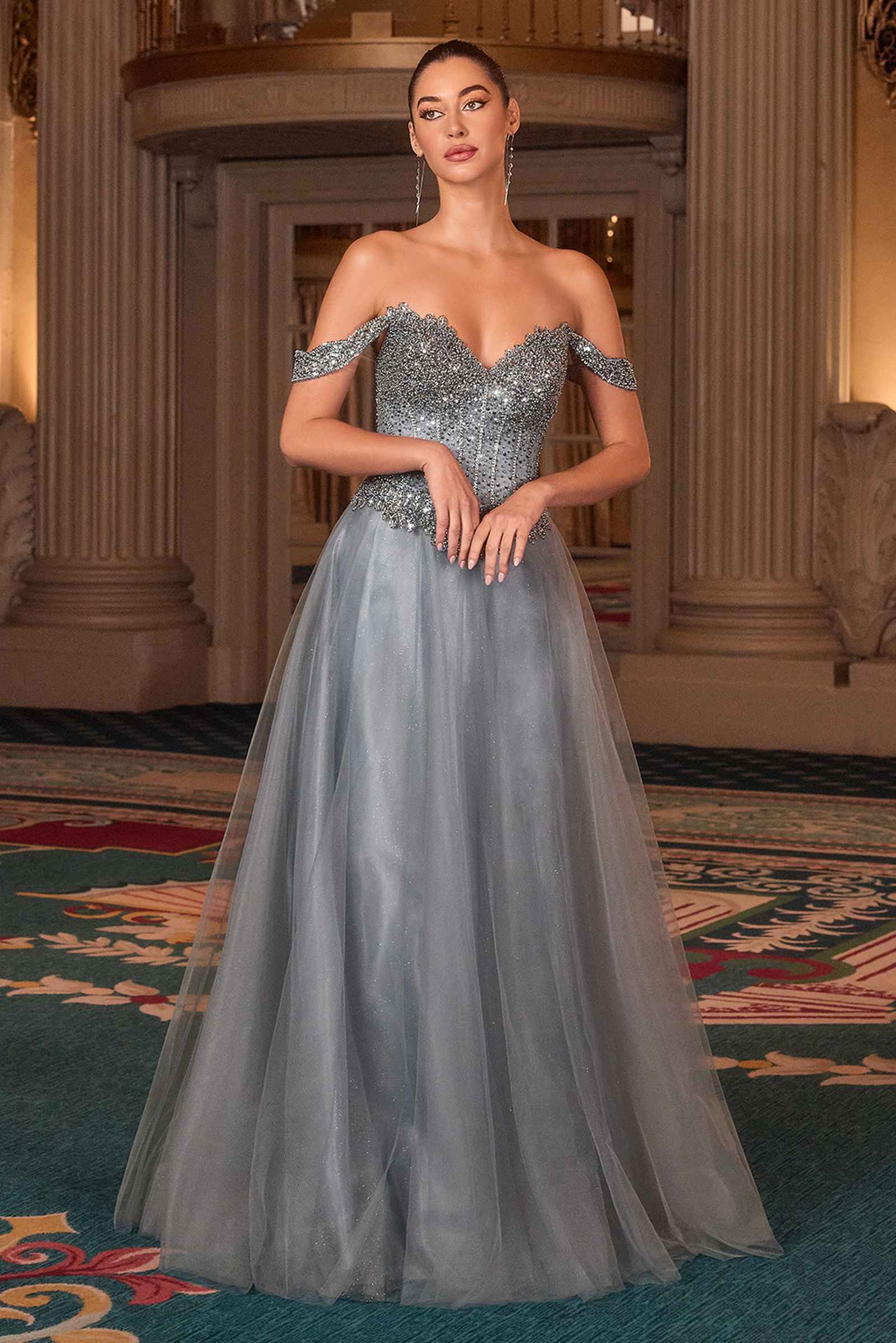 Ladivine CC471 Off Shoulder Glitter Tulle Corset Bodice A-line Ball Gown by DiscountDressShop