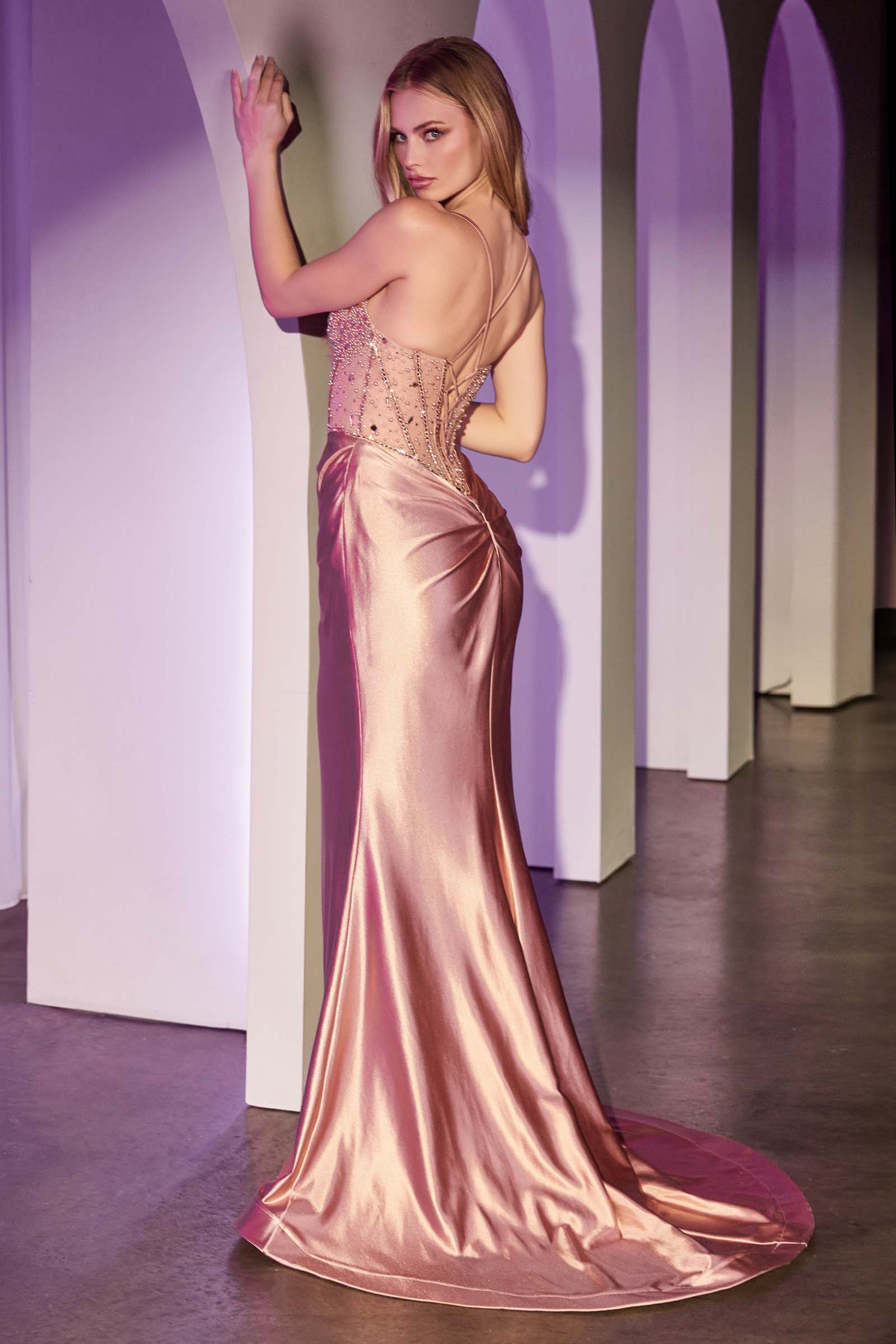 Ladivine CC8884 Dress Fitted Rose Gold Satin Gown With Beaded Bodice by DiscountDressShop