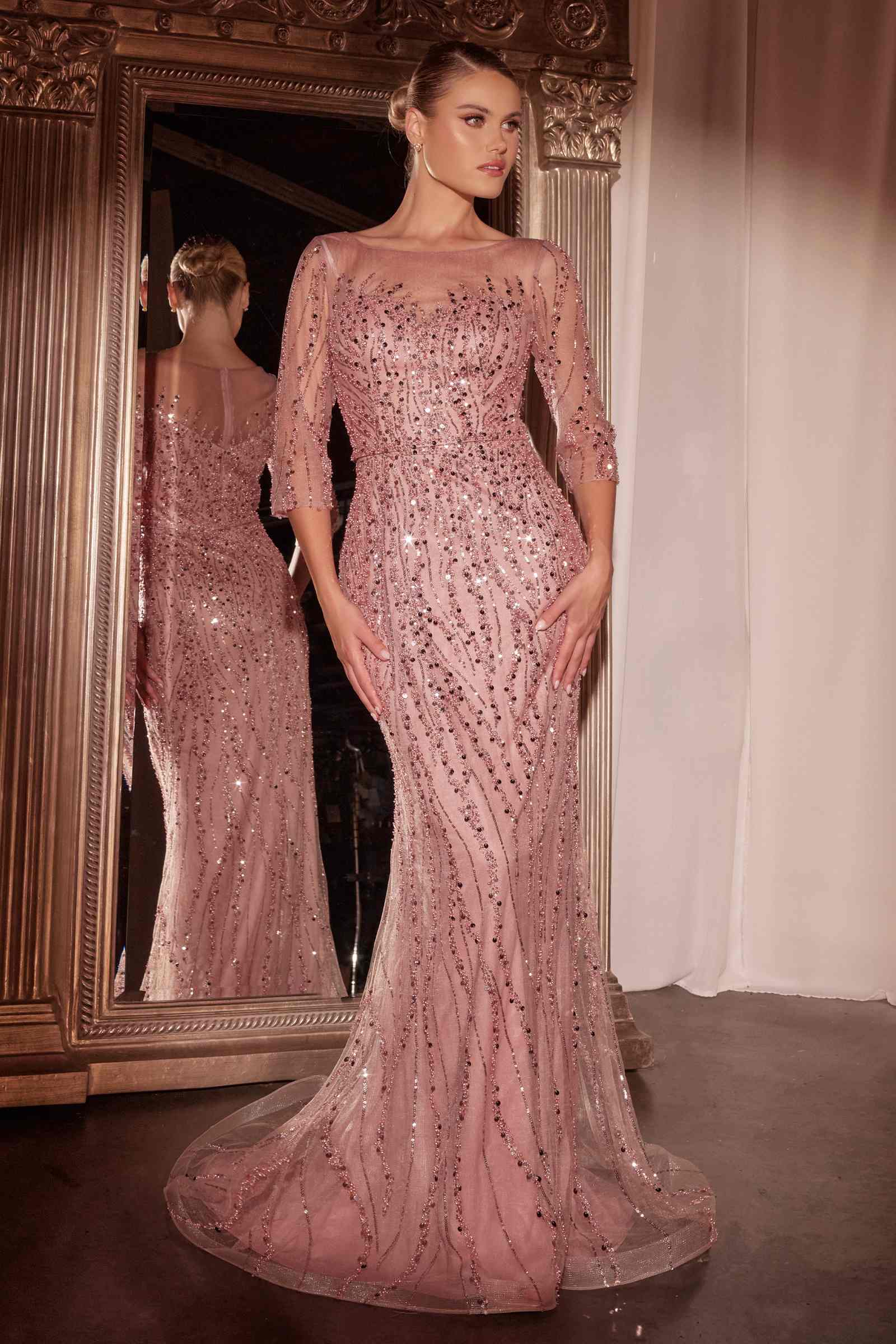 Ladivine CD0105 Long Sleeve Sequin Mermaid Gown by DiscountDressShop