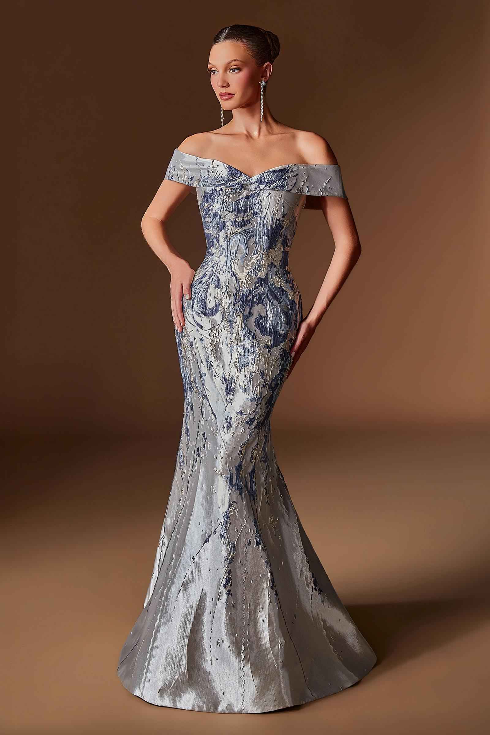 Ladivine CD0107 Metallic Jacquard Off Shoulder Fitted Mermaid Gown by DiscountDressShop