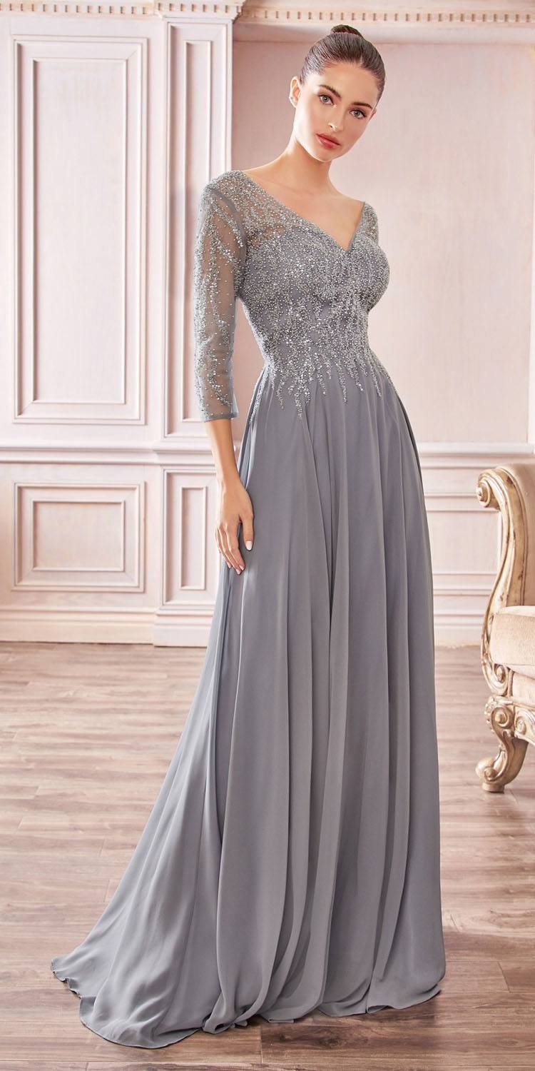 Cinderella Divine CD0171 Flowy Chiffon A-Line Gown 3/4 Length Sleeves by DiscountDressShop
