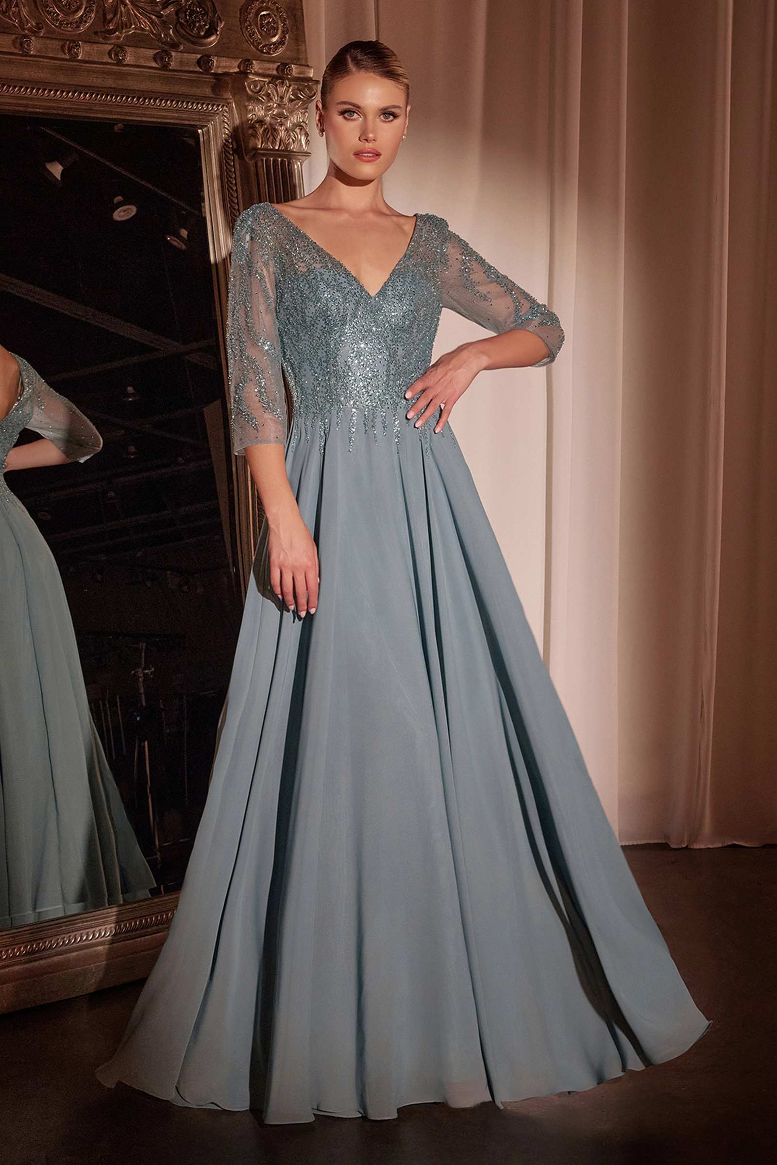 Cinderella Divine CD0171 Flowy Chiffon A-Line Gown 3/4 Length Sleeves by DiscountDressShop