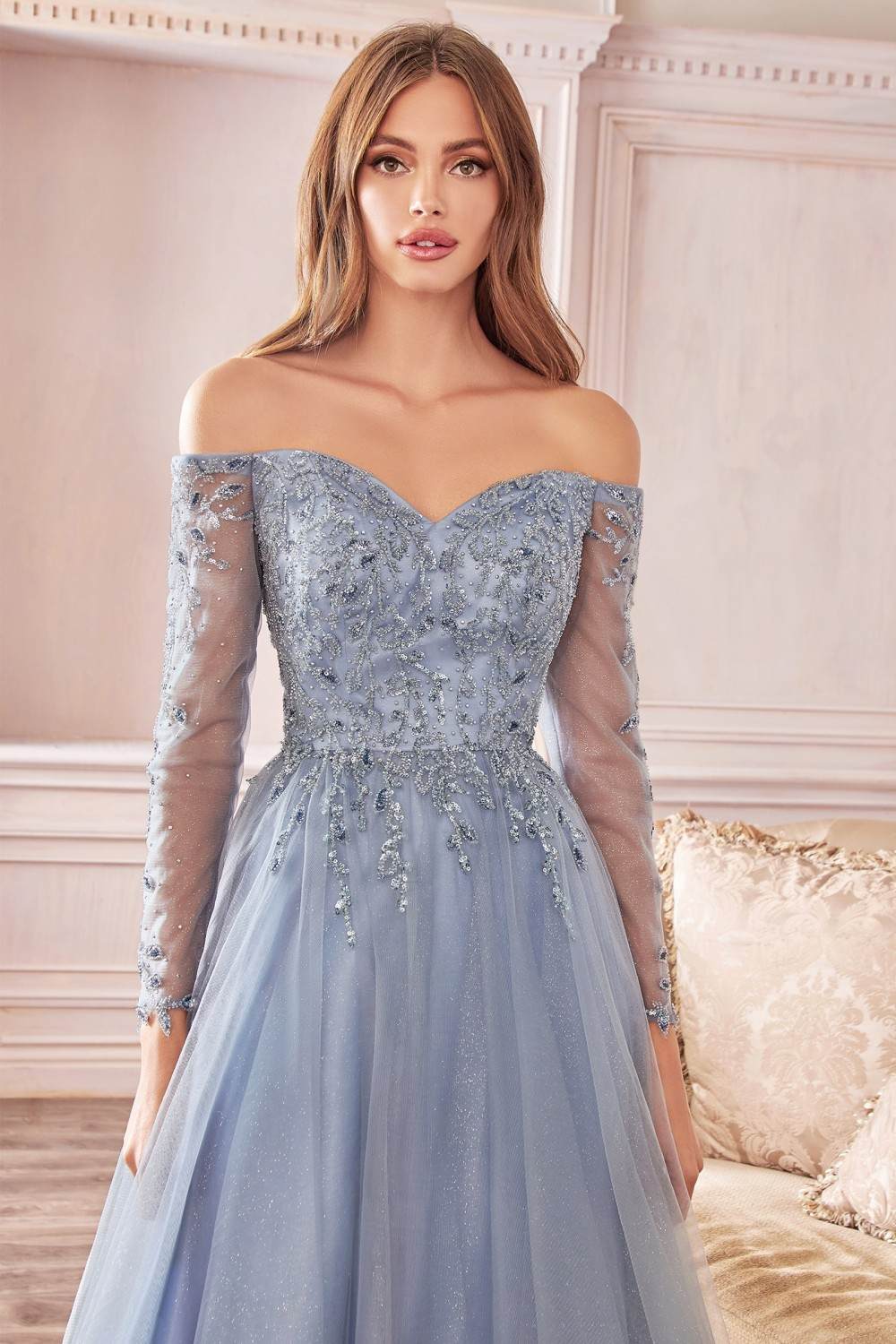 Cinderella Divine CD0172 A-Line Layered Tulle Gown Off The Shoulder Long Sleeve by DiscountDressShop