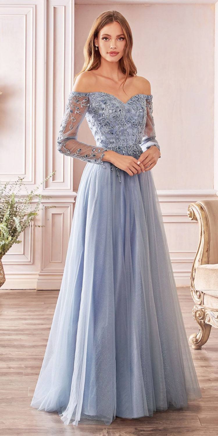 Cinderella Divine CD0172 A-Line Layered Tulle Gown Off The Shoulder Long Sleeve by DiscountDressShop