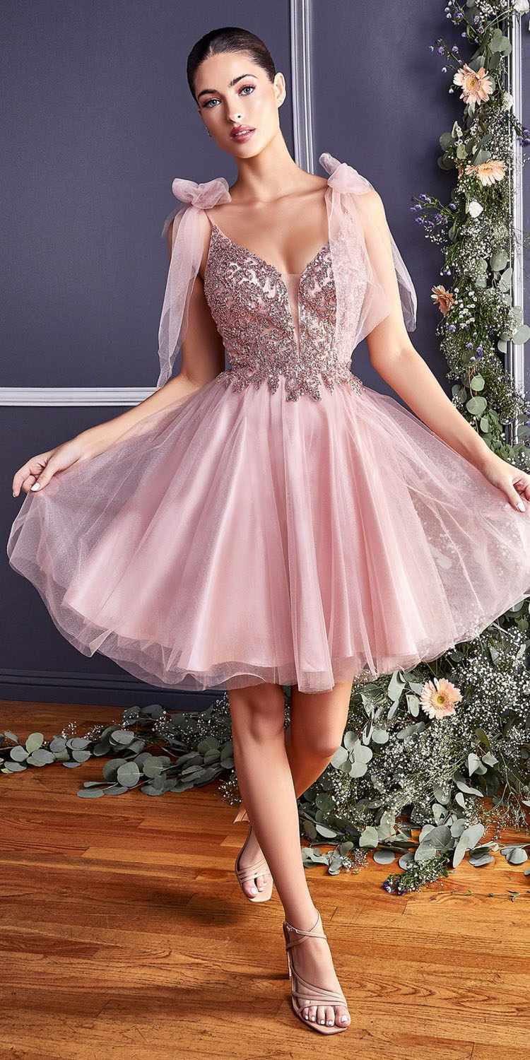 Cinderella Divine CD0174 Short A-Line Dress Lace Applique Tulle Ribbon by DiscountDressShop