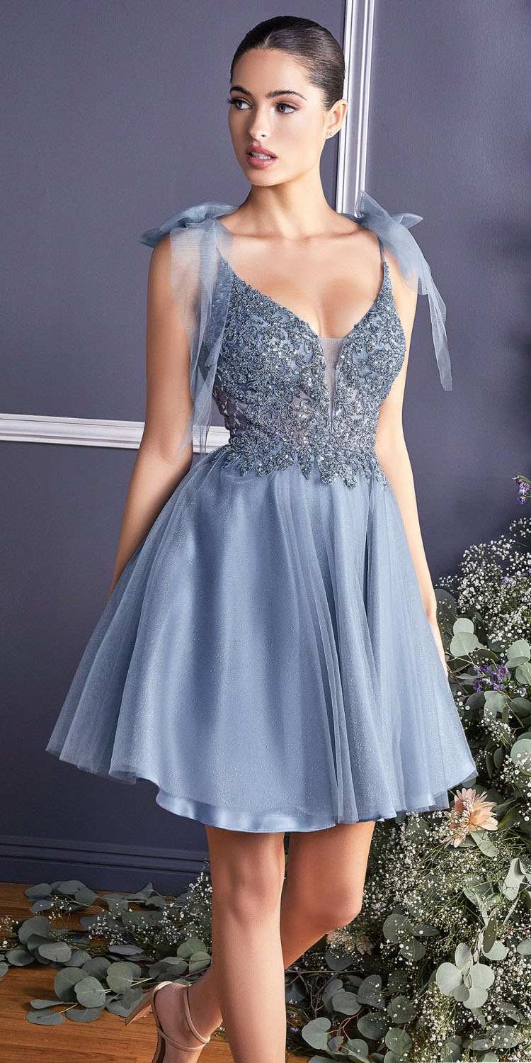 Cinderella Divine CD0174 Short A-Line Dress Lace Applique Tulle Ribbon by DiscountDressShop