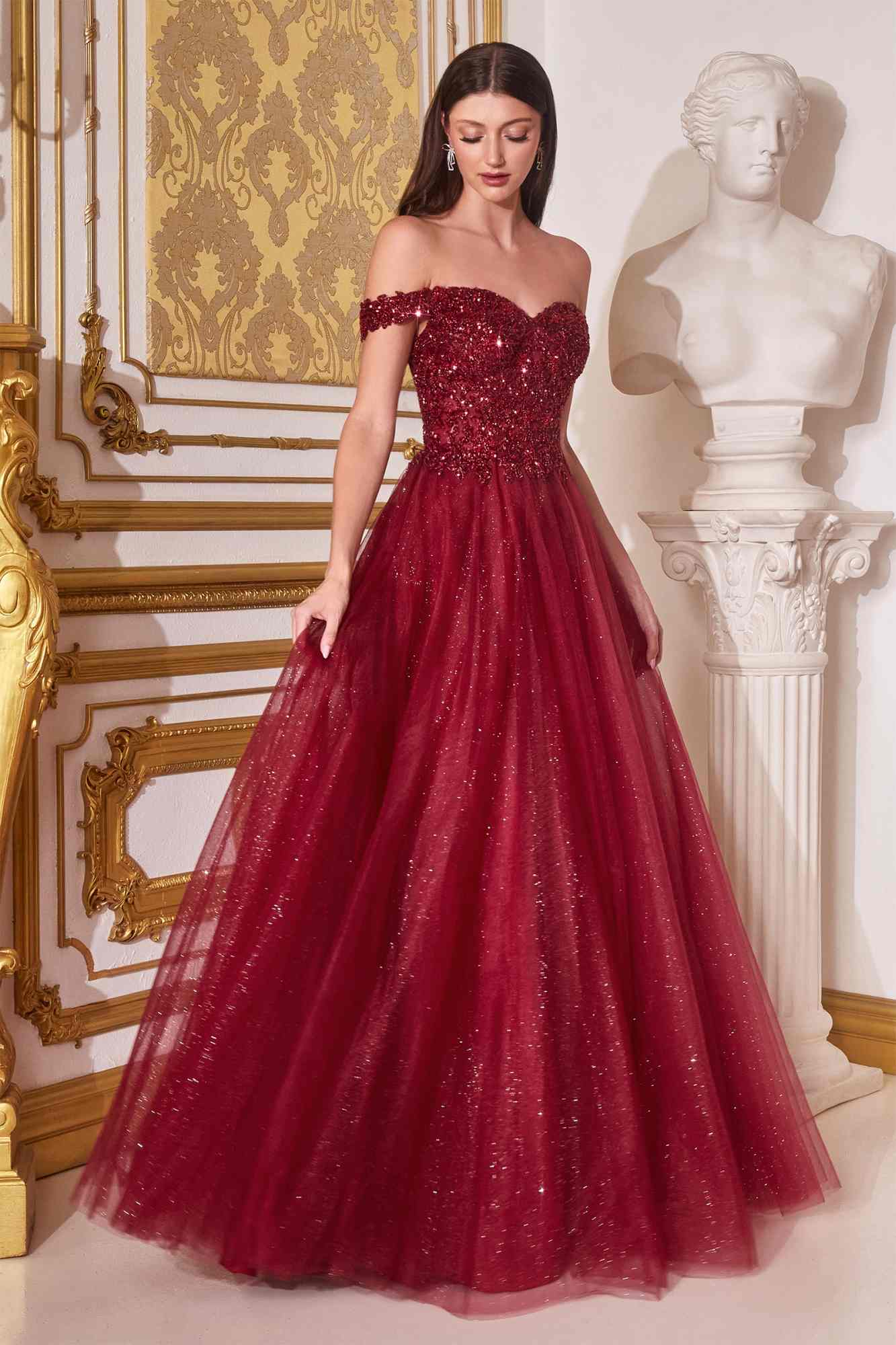 Cinderella Divine CD0177 Glitter Tulle A-Line Ball Gown Off the Shoulder by DiscountDressShop