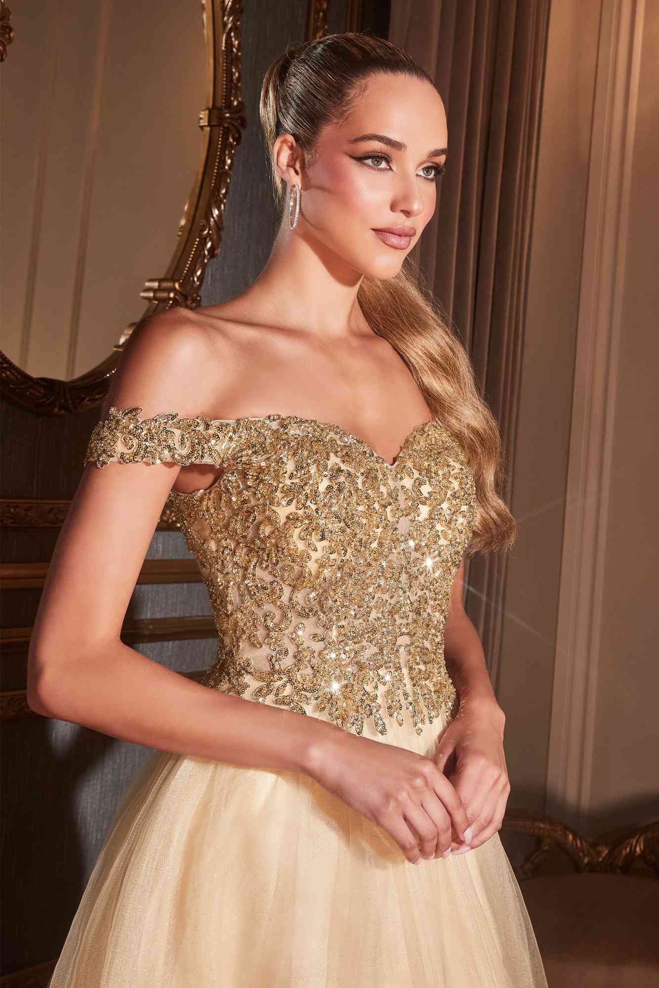 Cinderella Divine CD0177 Glitter Tulle A-Line Ball Gown Off the Shoulder by DiscountDressShop