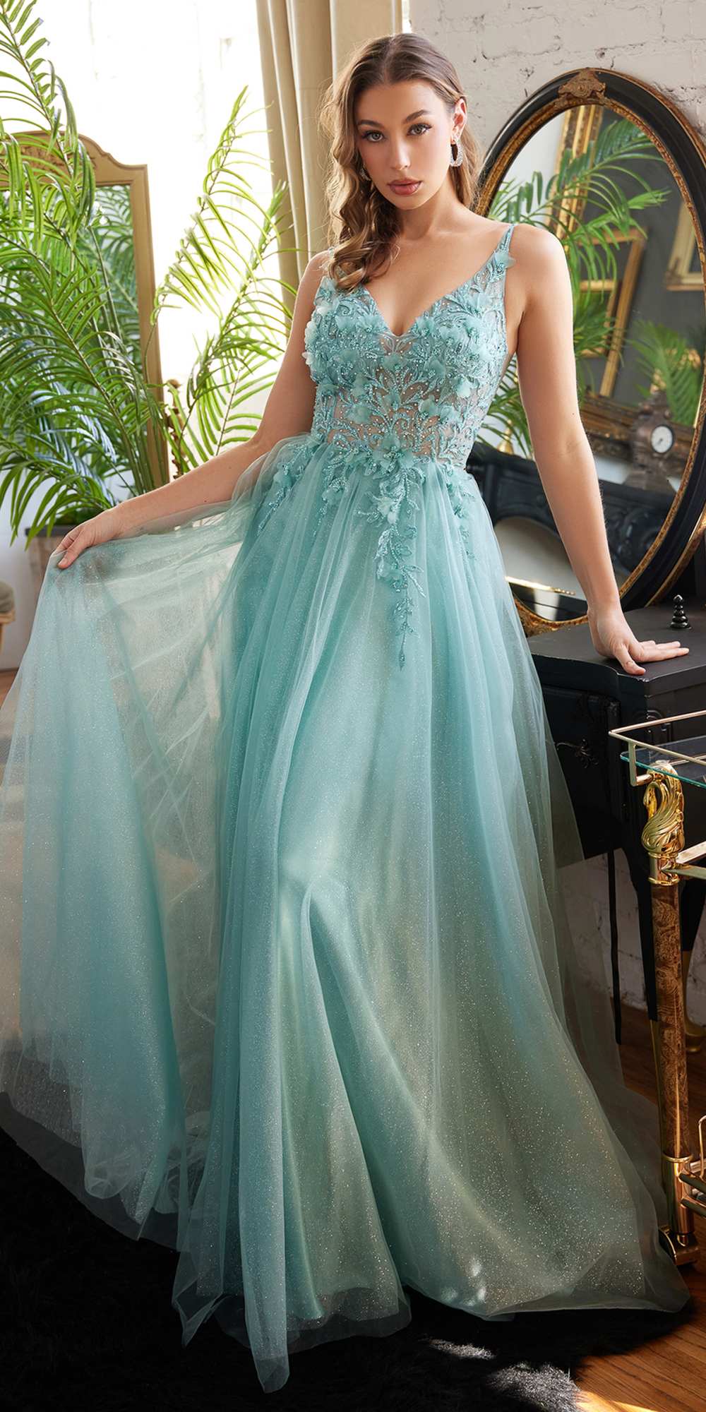 Cinderella Divine CD0181 Long Lace Floral A-Line Tulle/Lace Dress by DiscountDressShop
