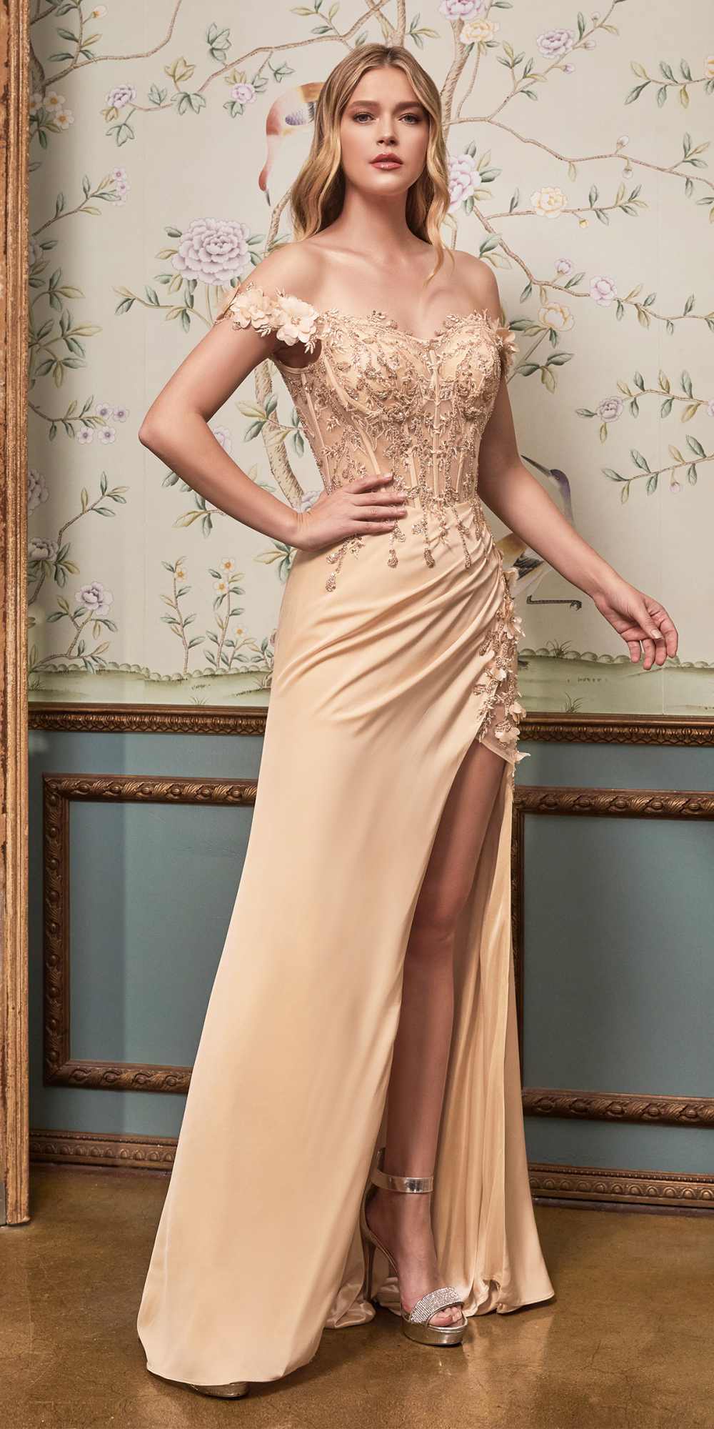 Cinderella Divine CD0186 Long Floral Off the Shoulder Gown with Slit by DiscountDressShop