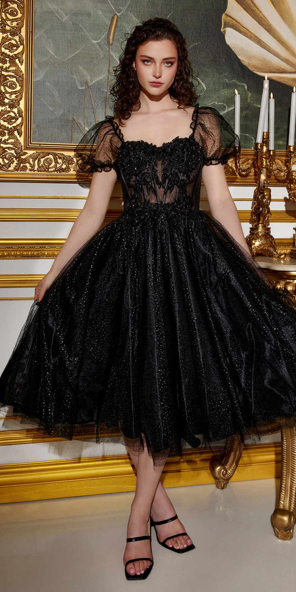 Cinderella Divine CD0187 Tea Length Layered Tulle Dress with Short Puff Sleeves by DiscountDressShop
