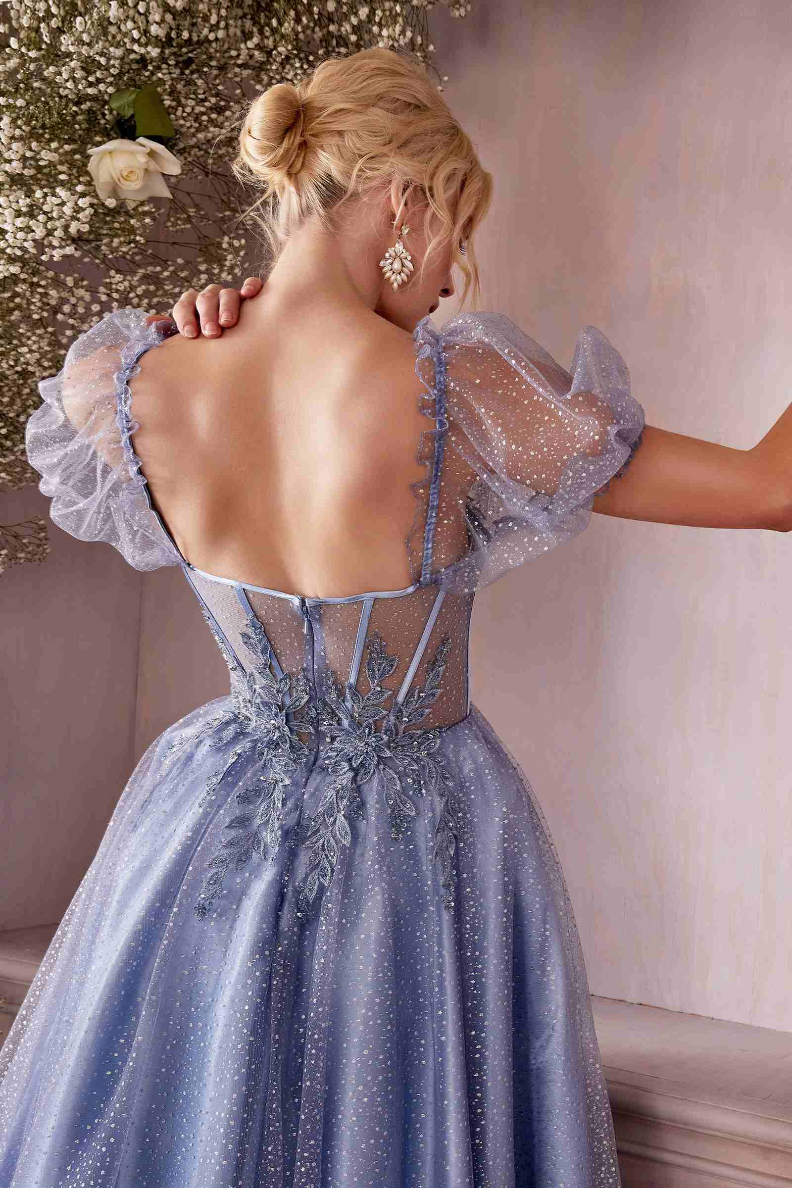 Cinderella Divine CD0187 Tea Length Layered Tulle Dress with Short Puff Sleeves by DiscountDressShop