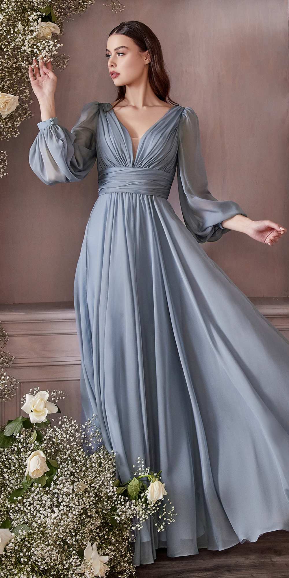 Cinderella Divine CD0192 Long Sleeve A-Line Chiffon Dress by DiscountDressShop
