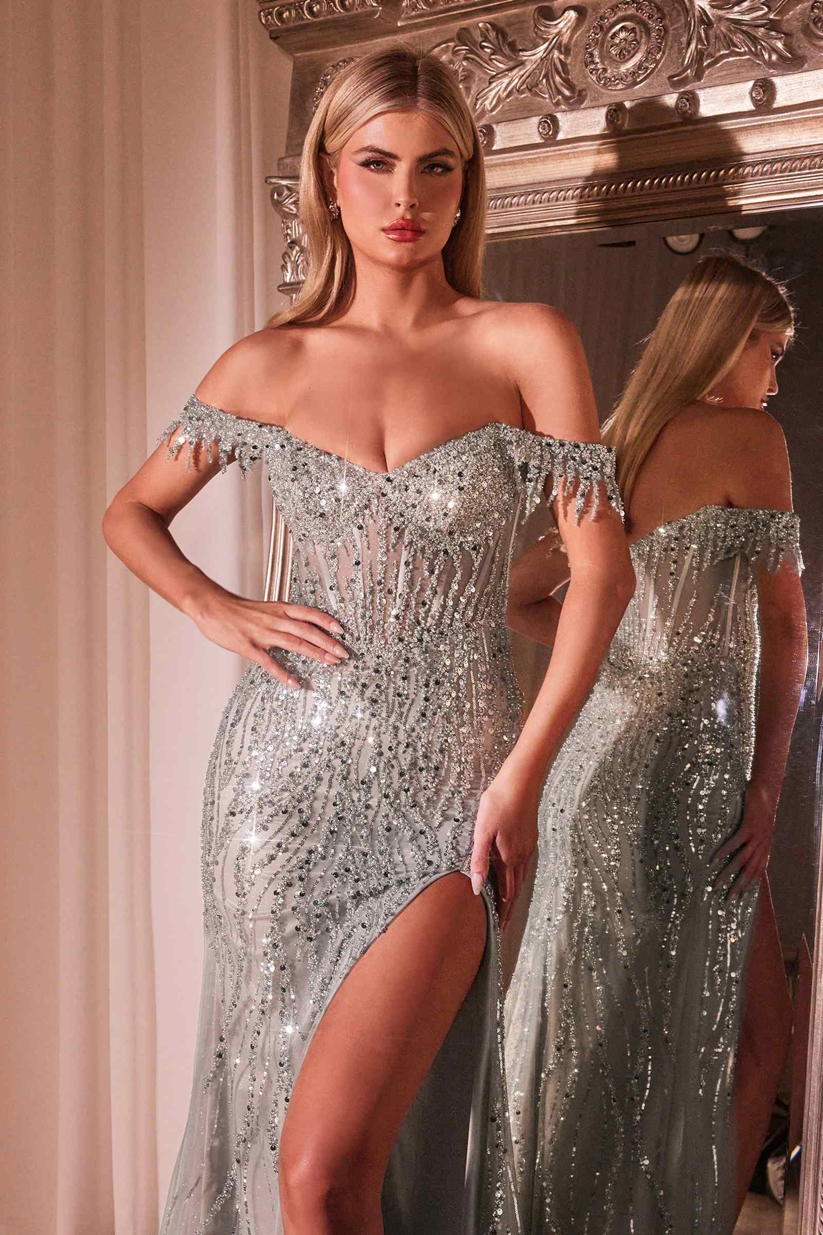 Ladivine CD0203 Long Fitted Off the Shoulder Sequin Gown with Slit DestGlow