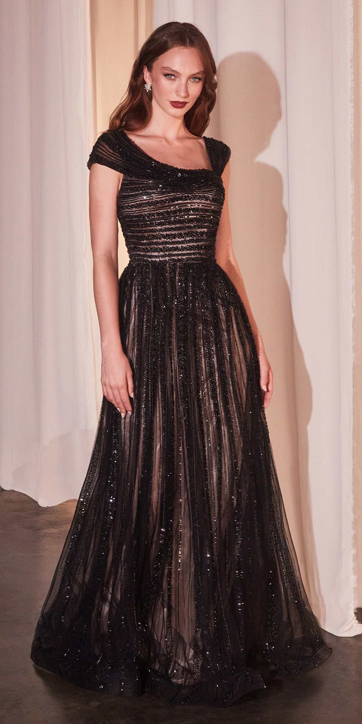 CLEARANCE - Ladivine CD0238 Off The Shoulder A-Line Beaded Black/Nude Gown (Size 10) by DiscountDressShop