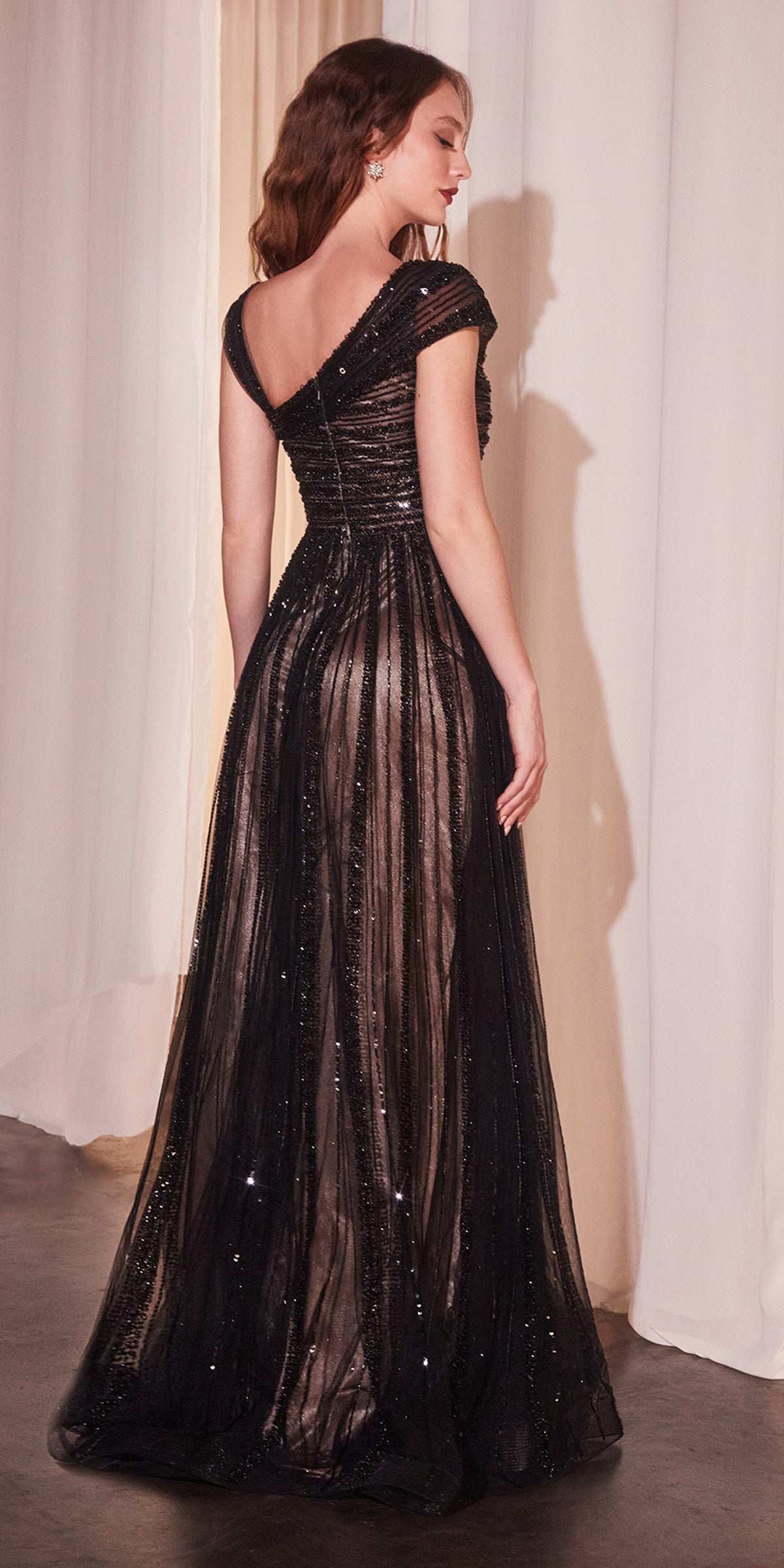 CLEARANCE - Ladivine CD0238 Off The Shoulder A-Line Beaded Black/Nude Gown (Size 10) by DiscountDressShop
