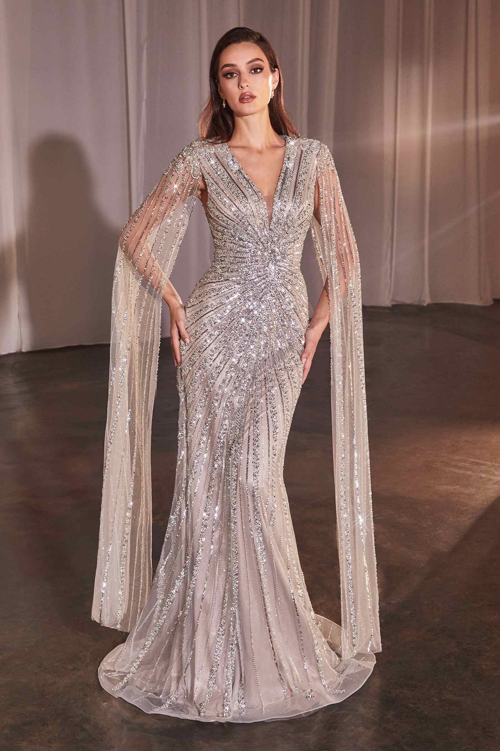 Ladivine CD0239 Long Sleeve Fully Beaded Sheath Gown by DiscountDressShop