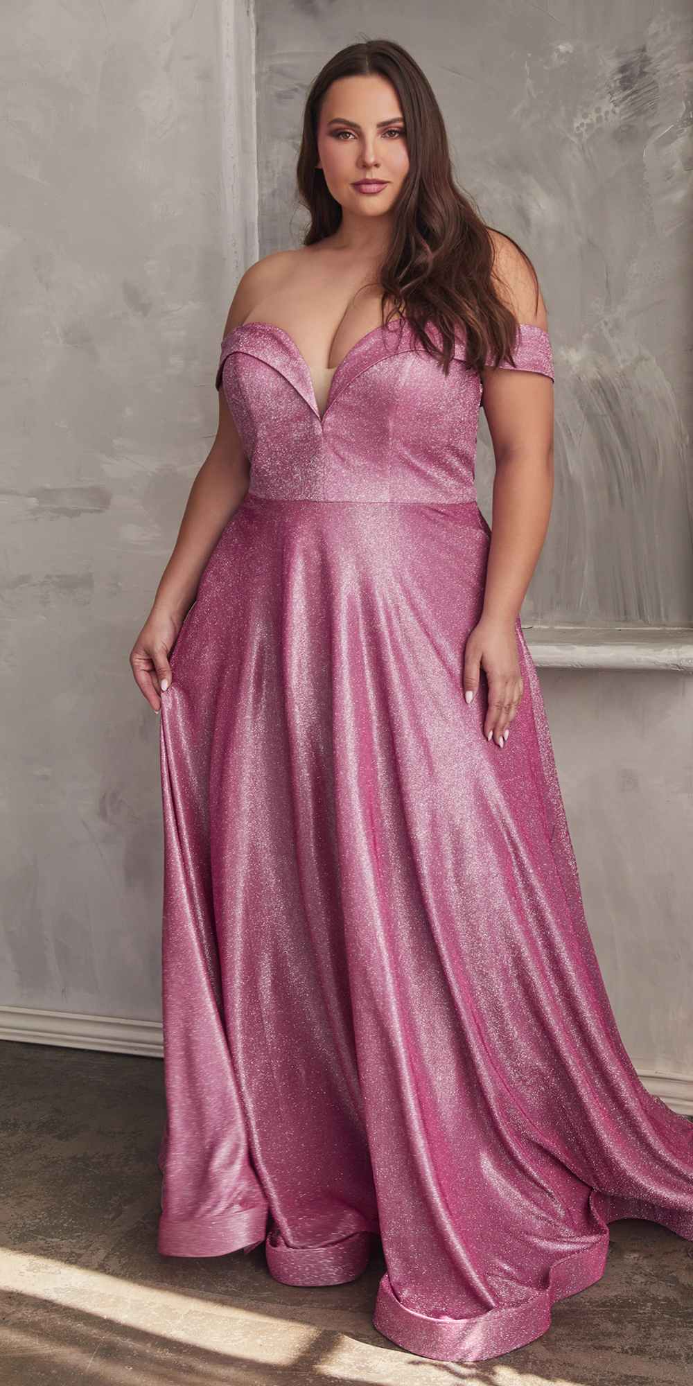 Cinderella Divine CD210C Off The Shoulder A-Line Gown Metallic Glitter by DiscountDressShop