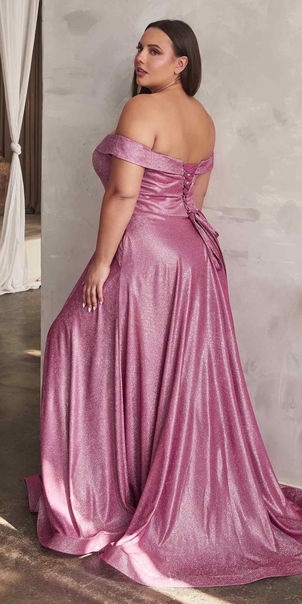Cinderella Divine CD210C Off The Shoulder A-Line Gown Metallic Glitter by DiscountDressShop