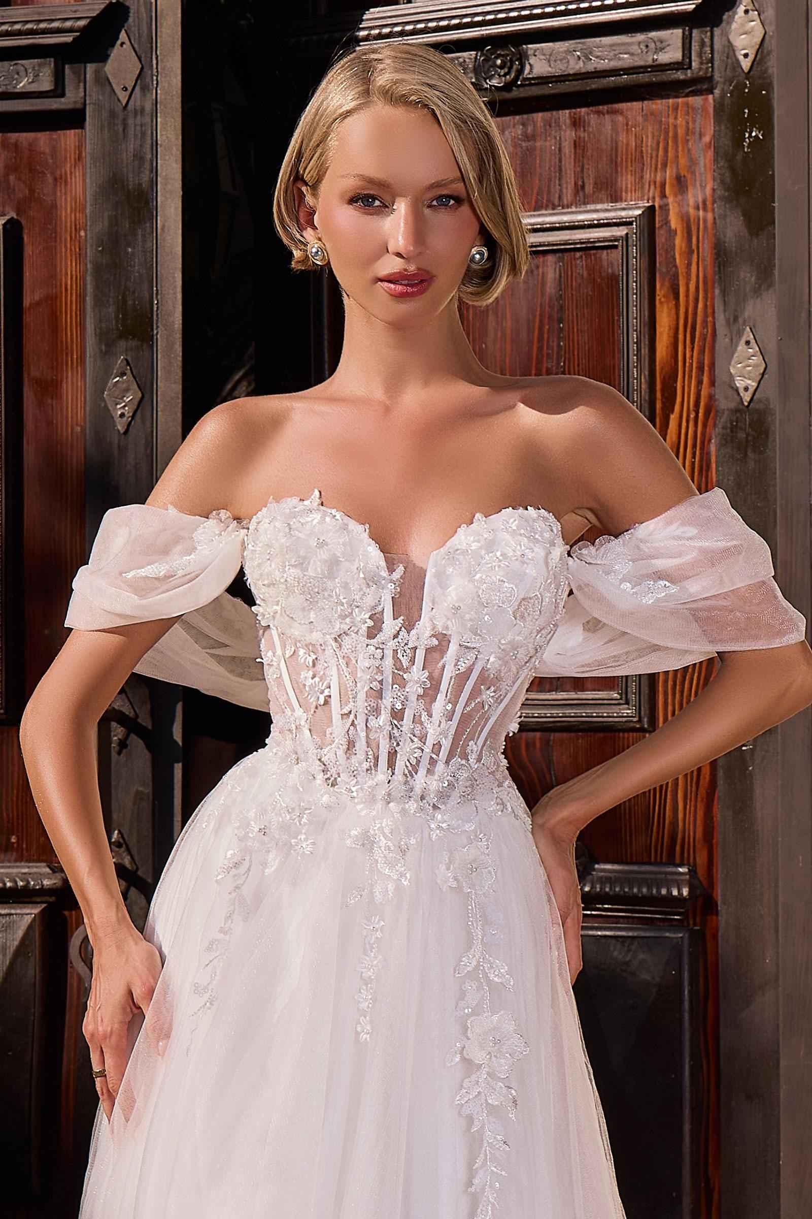 Ladivine CD2426W Off-Shoulder Corset Tulle Ball Gown with Floral Applique DestGlow