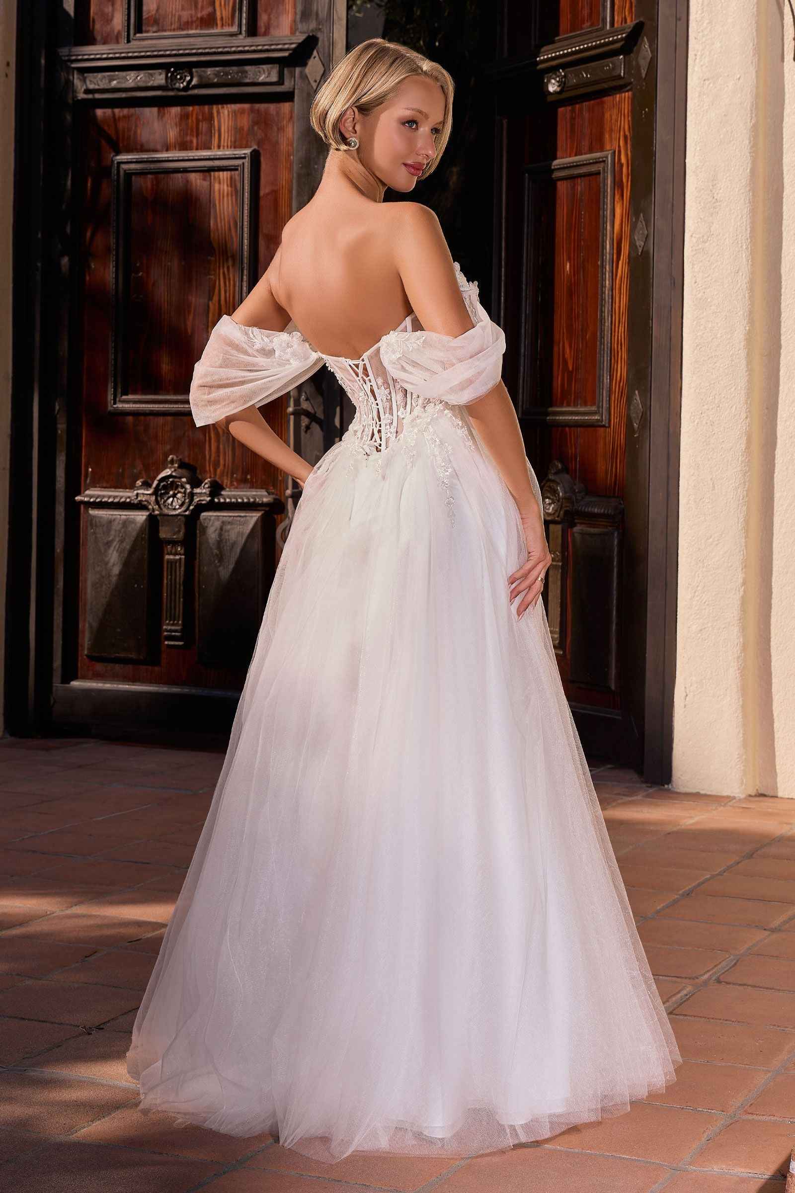 Ladivine CD2426W Off-Shoulder Corset Tulle Ball Gown with Floral Applique DestGlow