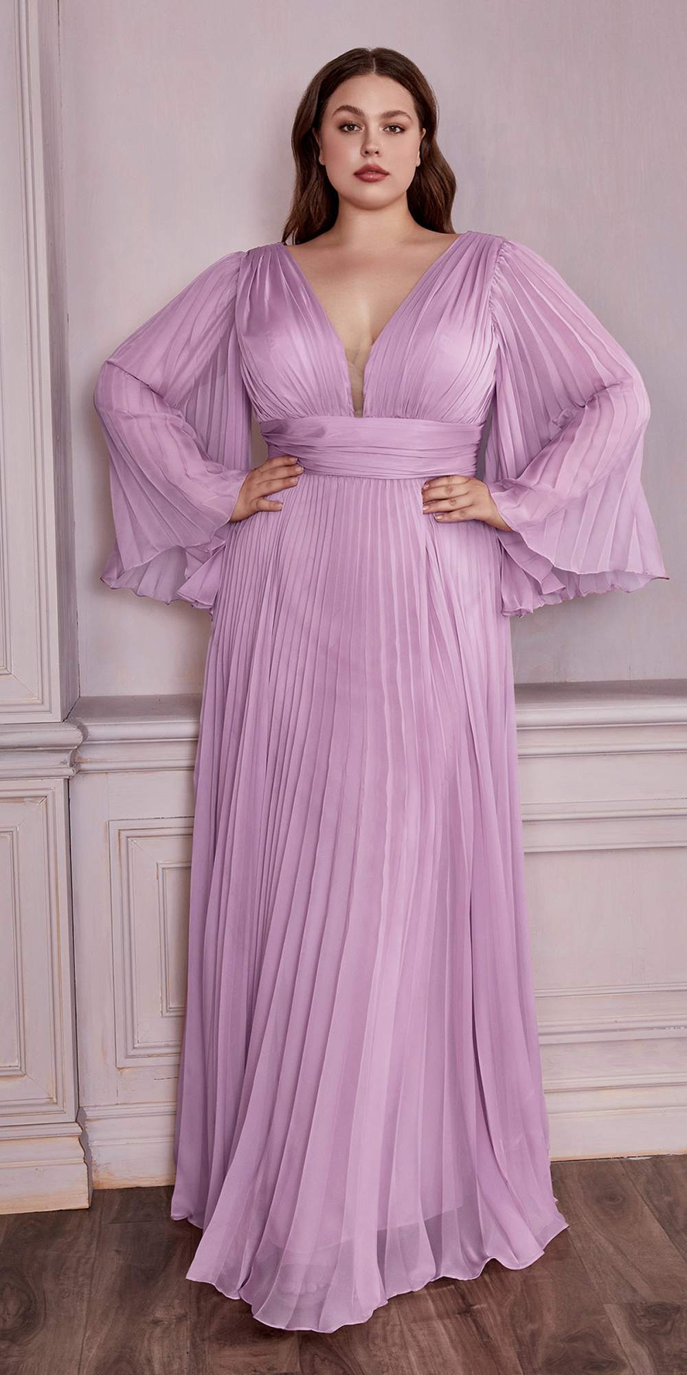 Cinderella Divine CD242C Pleated Chiffon Long Sleeve Gown by DiscountDressShop