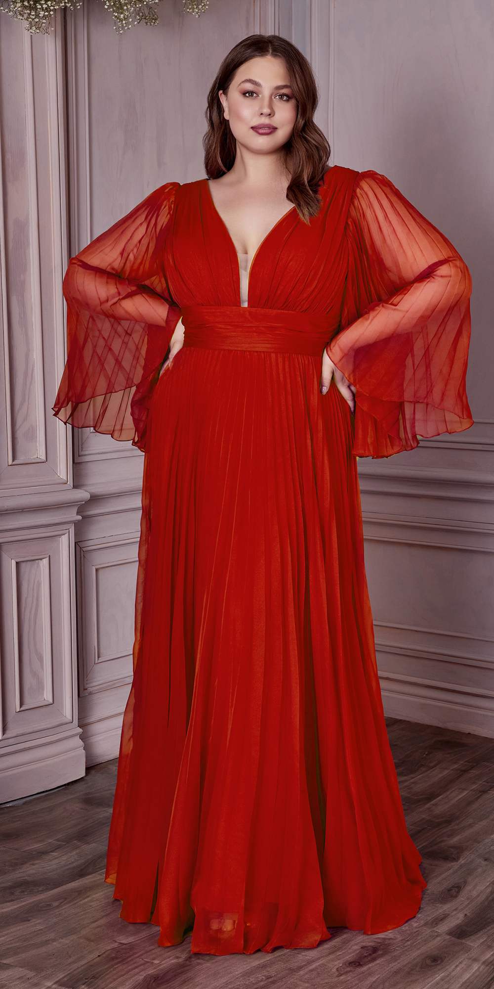 Cinderella Divine CD242C Pleated Chiffon Long Sleeve Gown by DiscountDressShop
