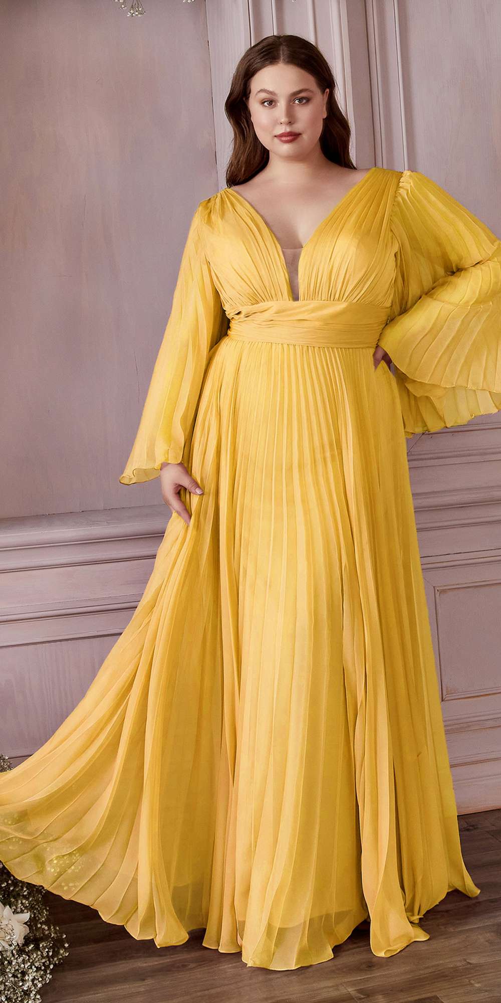 Cinderella Divine CD242C Pleated Chiffon Long Sleeve Gown by DiscountDressShop