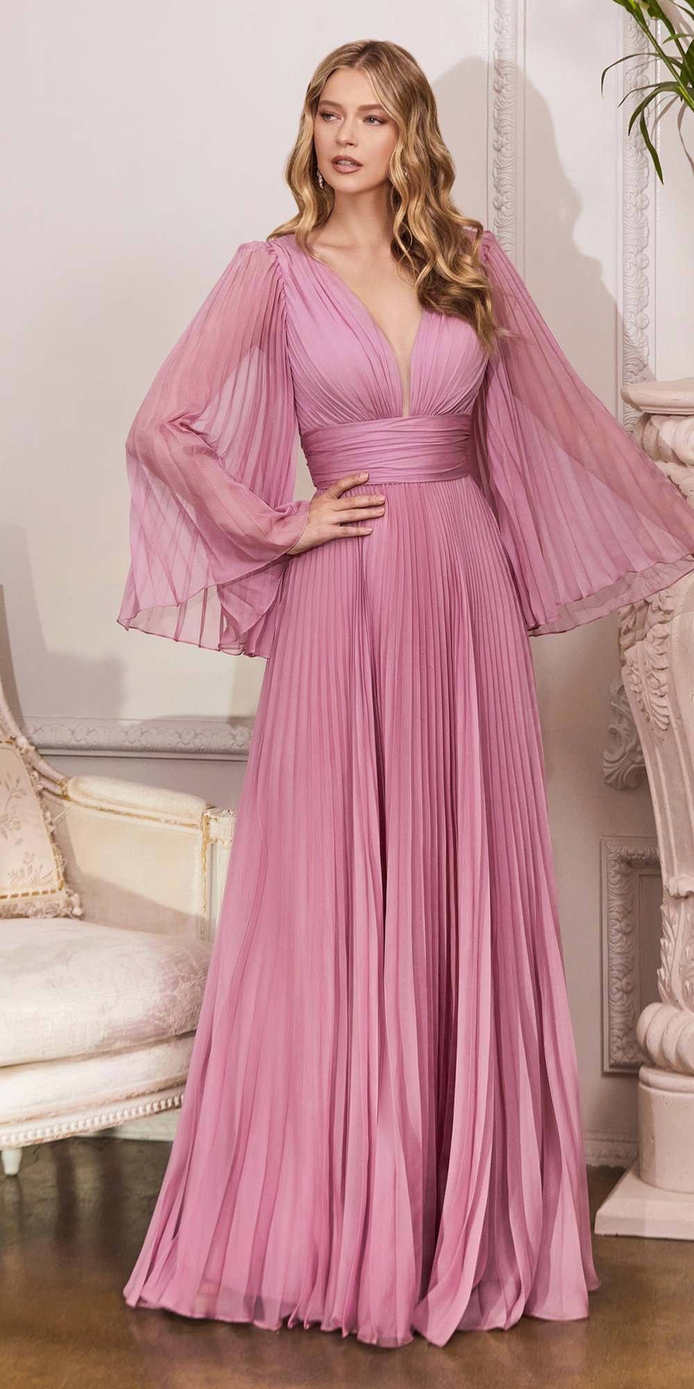 Cinderella Divine CD242 Pleated Chiffon Long Sleeve Gown by DiscountDressShop