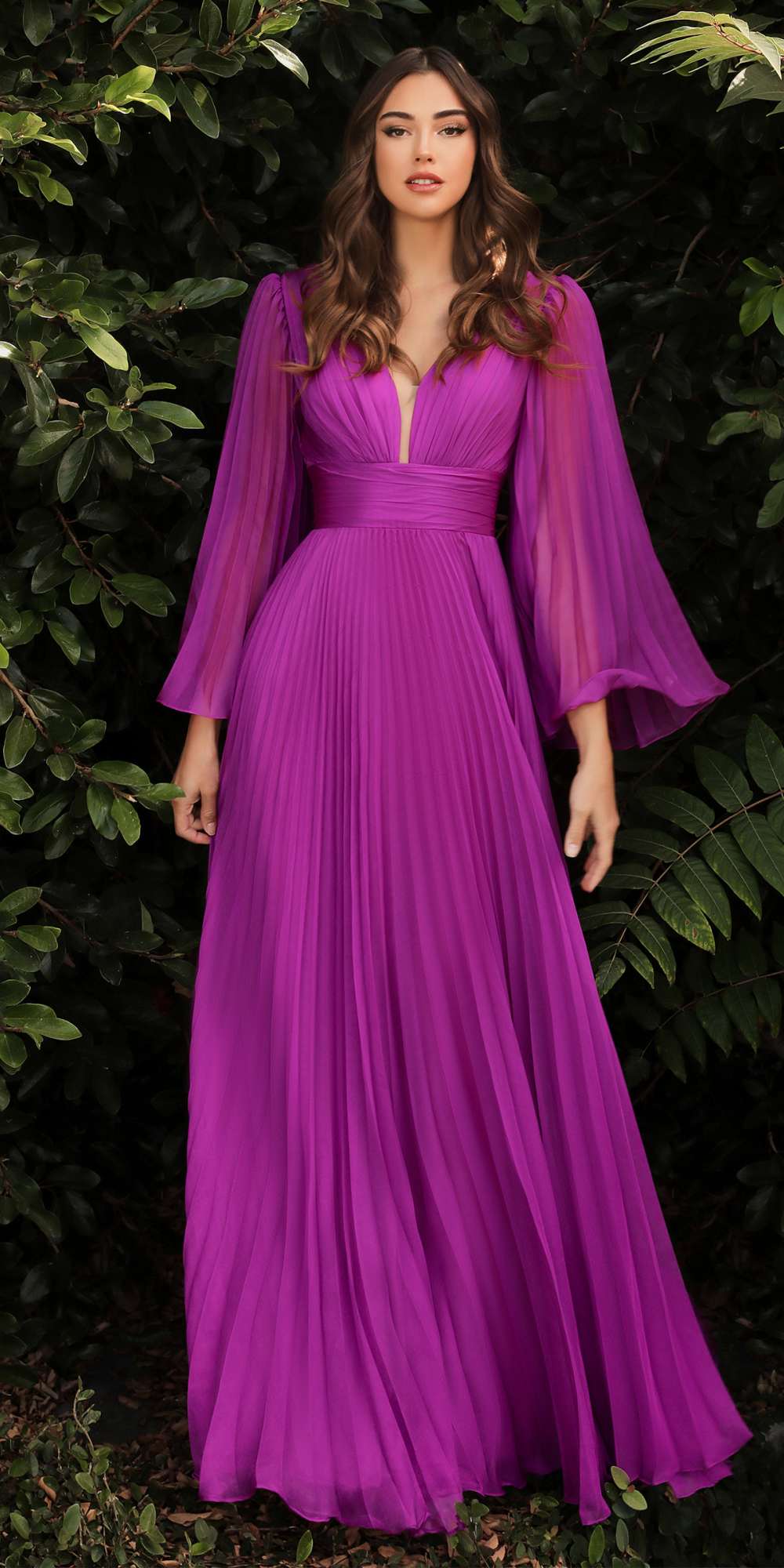 Cinderella Divine CD242C Pleated Chiffon Long Sleeve Gown by DiscountDressShop