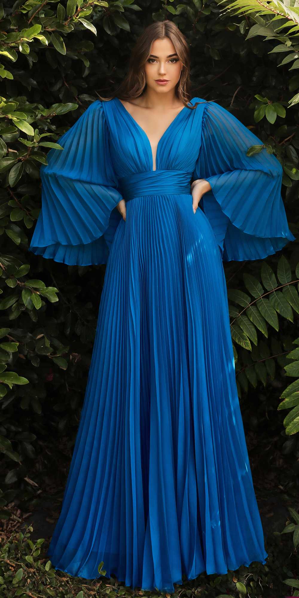 Cinderella Divine CD242 Pleated Chiffon Long Sleeve Gown by DiscountDressShop